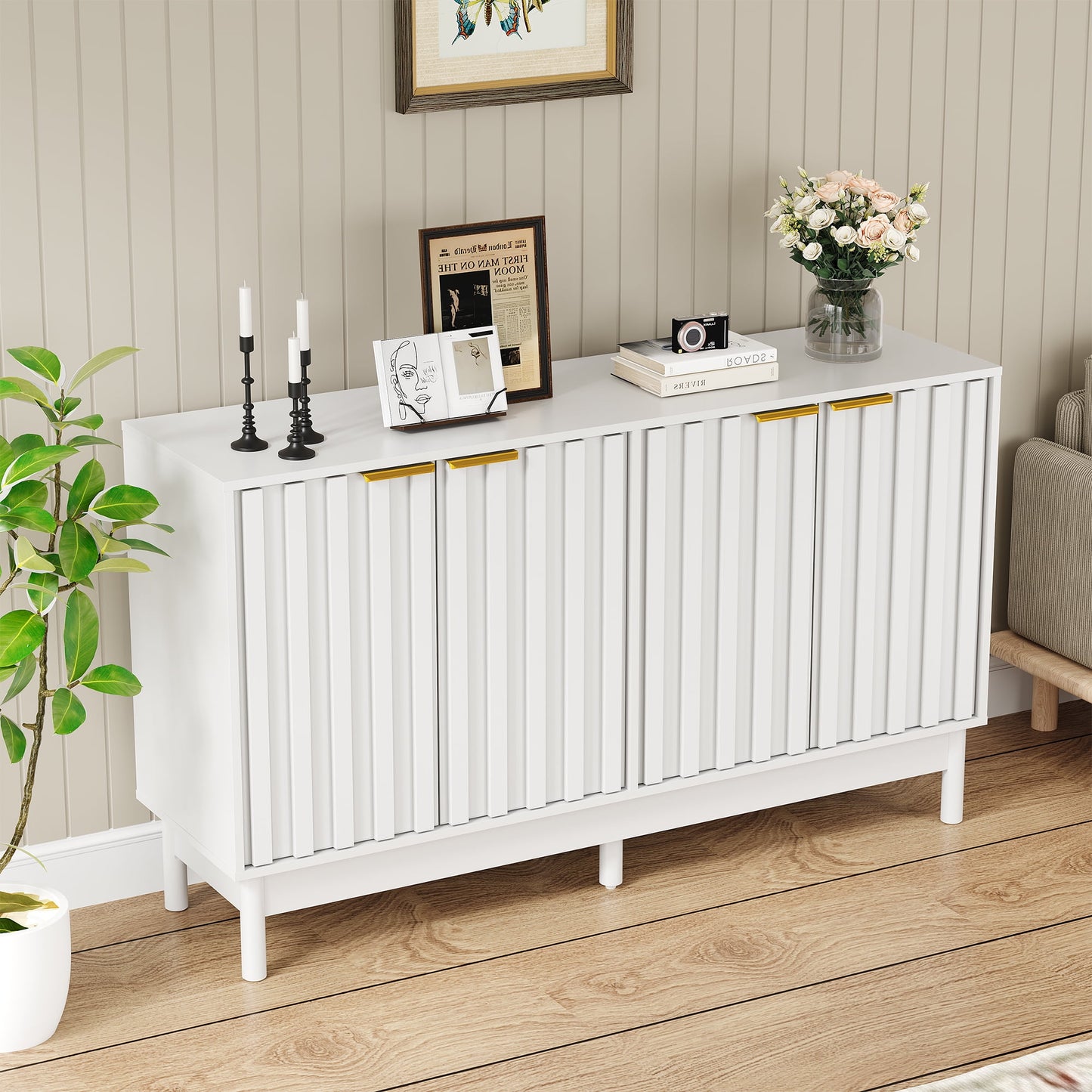 May in Color 55'' Buffet Cabinet with Fluted Door and Adjustable Shelves, Wood Credenzas Coffee Bar Cabinet for Kitchen, Dining Room, Living Room, White