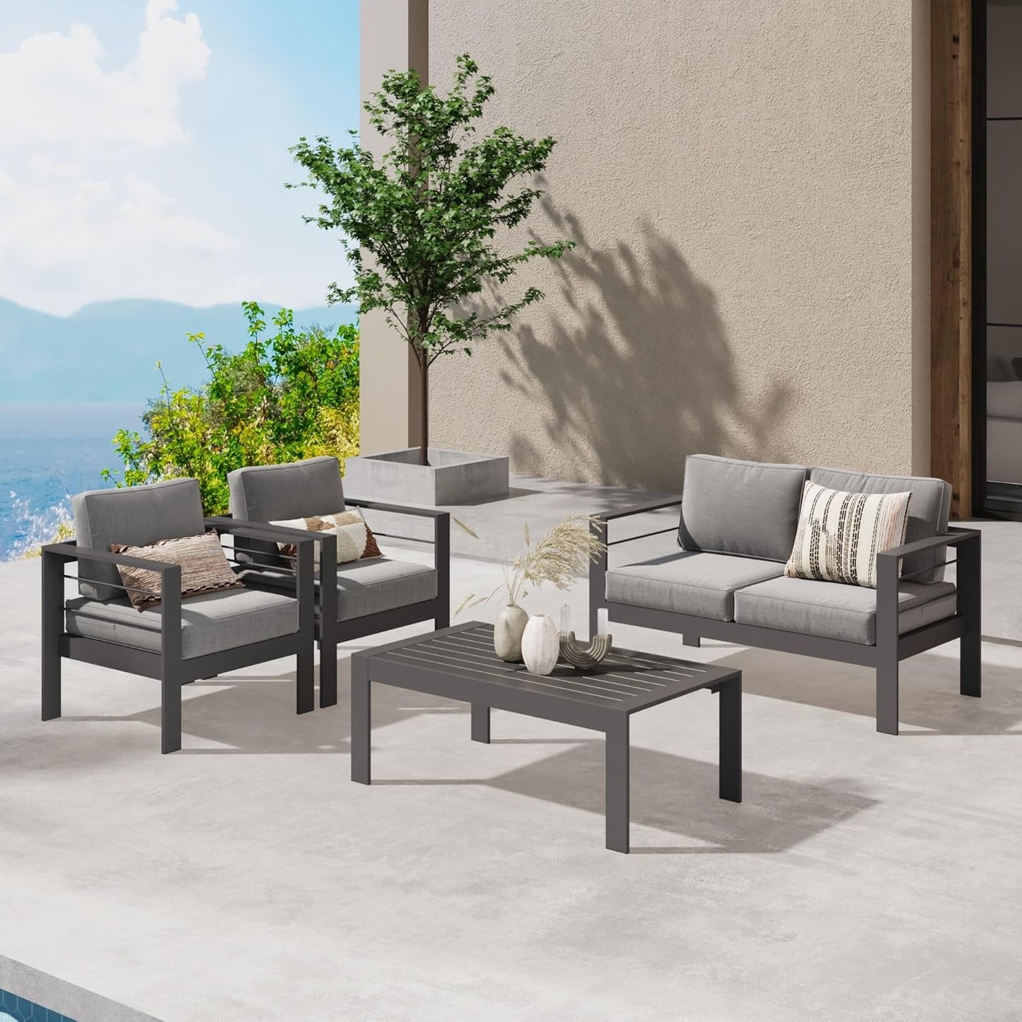 Superjoe Outdoor Aluminum Furniture Set 4 Pcs Patio Sectional Chat Sofa Conversation Set with Table,Gray