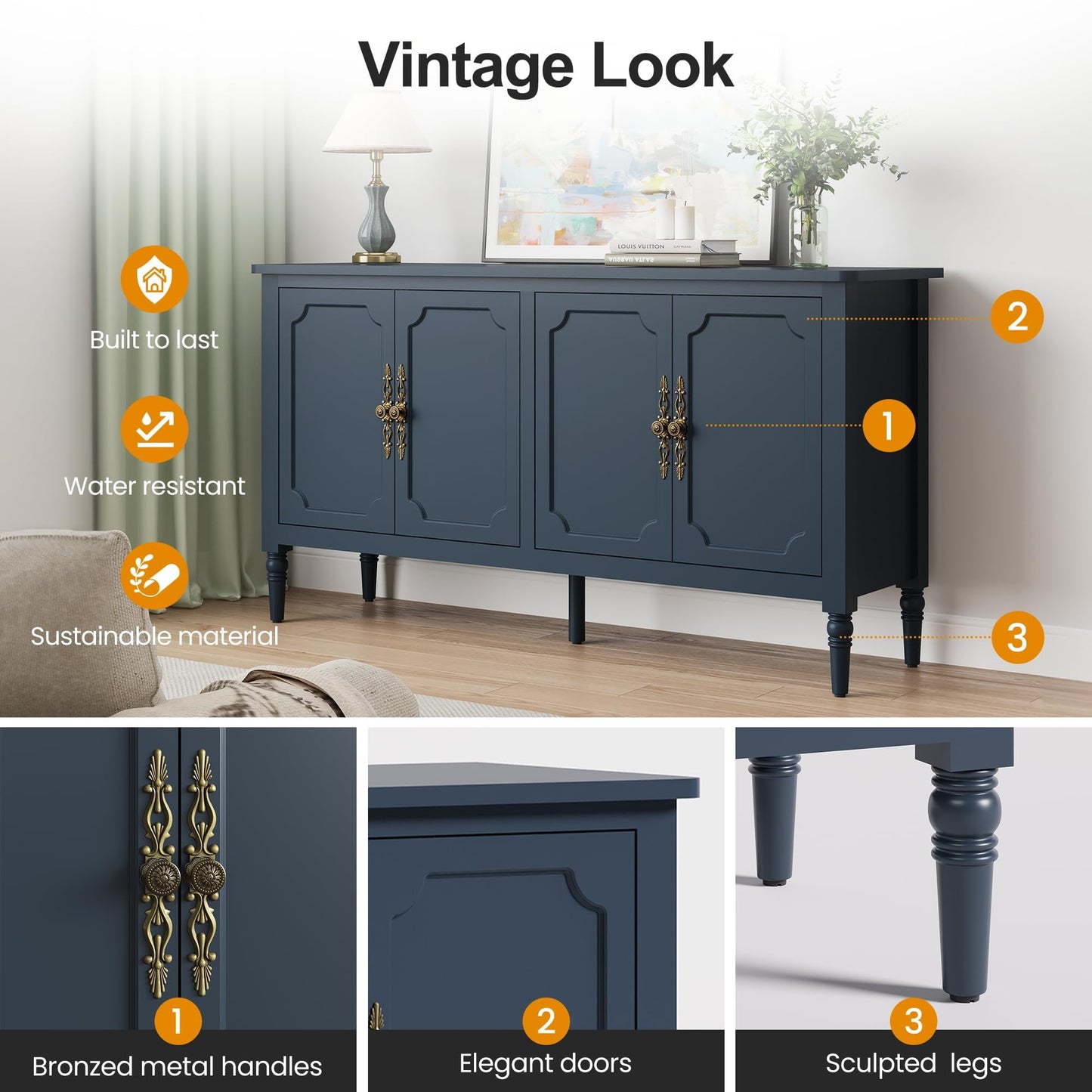 May in Color Buffet Sideboard Table Set of 2, 59'' Mid Century Modern Console Table, Media Cabinet with 4 Doors, Accent Cabinet Wood Sideboard, for Entryway, Living Room, Dining Room, Blue