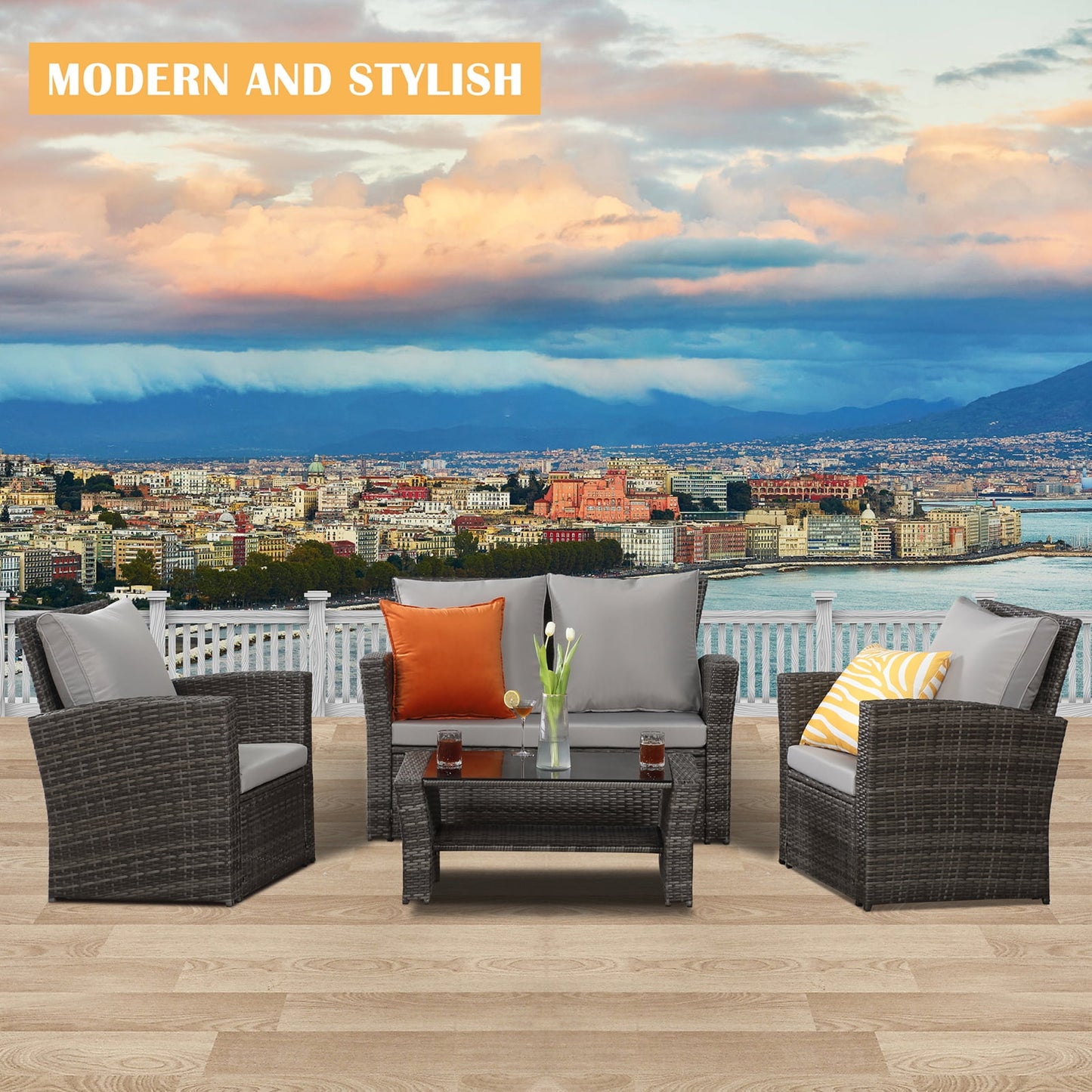 Superjoe 4 Piece Outdoor Patio Furniture Set Rattan Sectional Conversation Set, 4 Cushioned Seats, Gray, 4