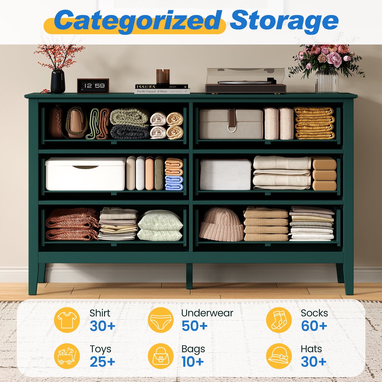 May in Color Fluted 6 Drawer Dresser, Wide Modern Chest of Drawers, Large Wood Storage Cabinet Organizer for Bedroom, Living Room, Hallway, Entryway, Green