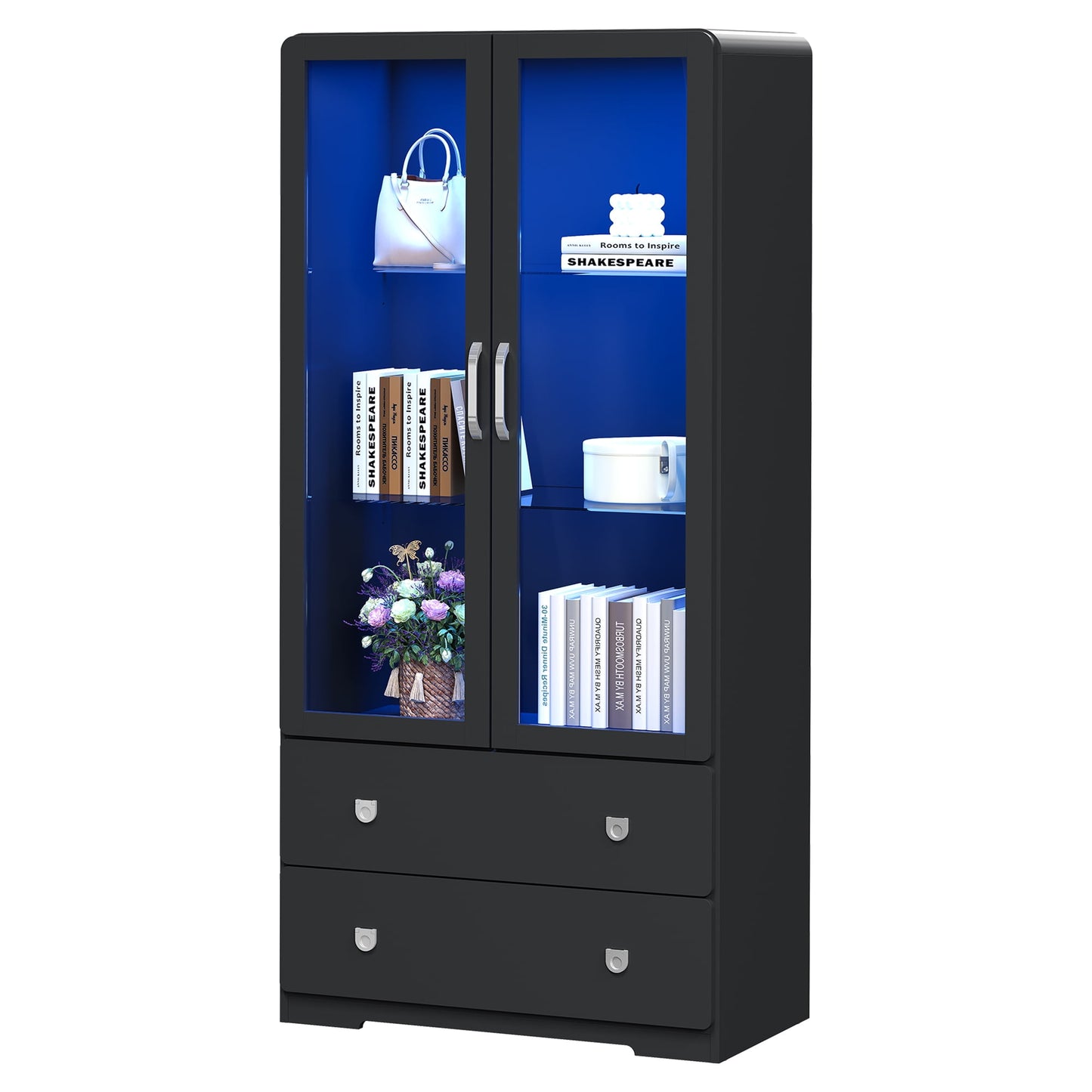 Heynemo 64'' Tall Display Cabinet with Acrylic Doors and LED Lights, Black