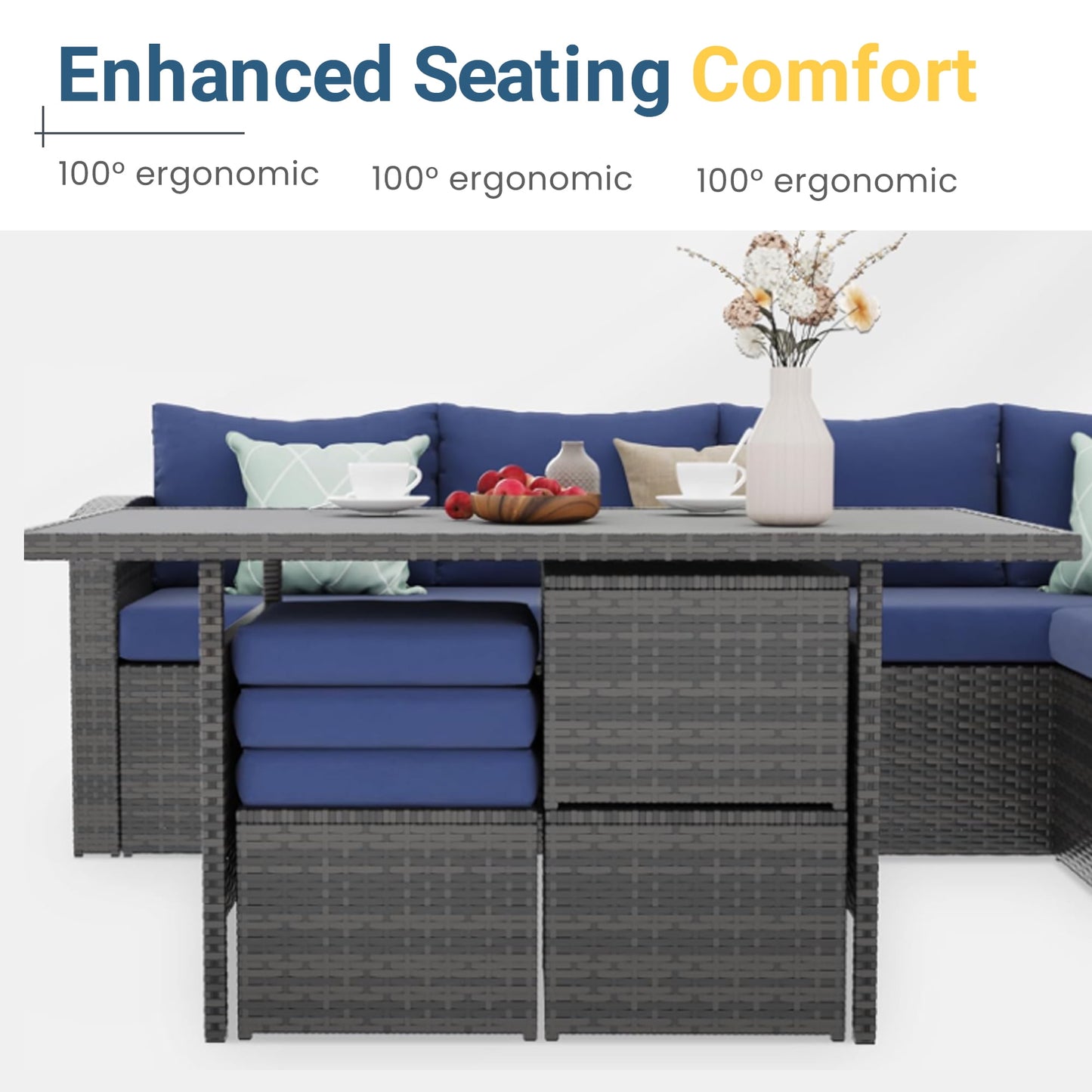 Heynemo Outdoor Patio Furniture Set, 7 Piece Outdoor Dining Sectional Sofa with Dining Table and Chair, All Weather Wicker Conversation Set with Ottoman, Blue