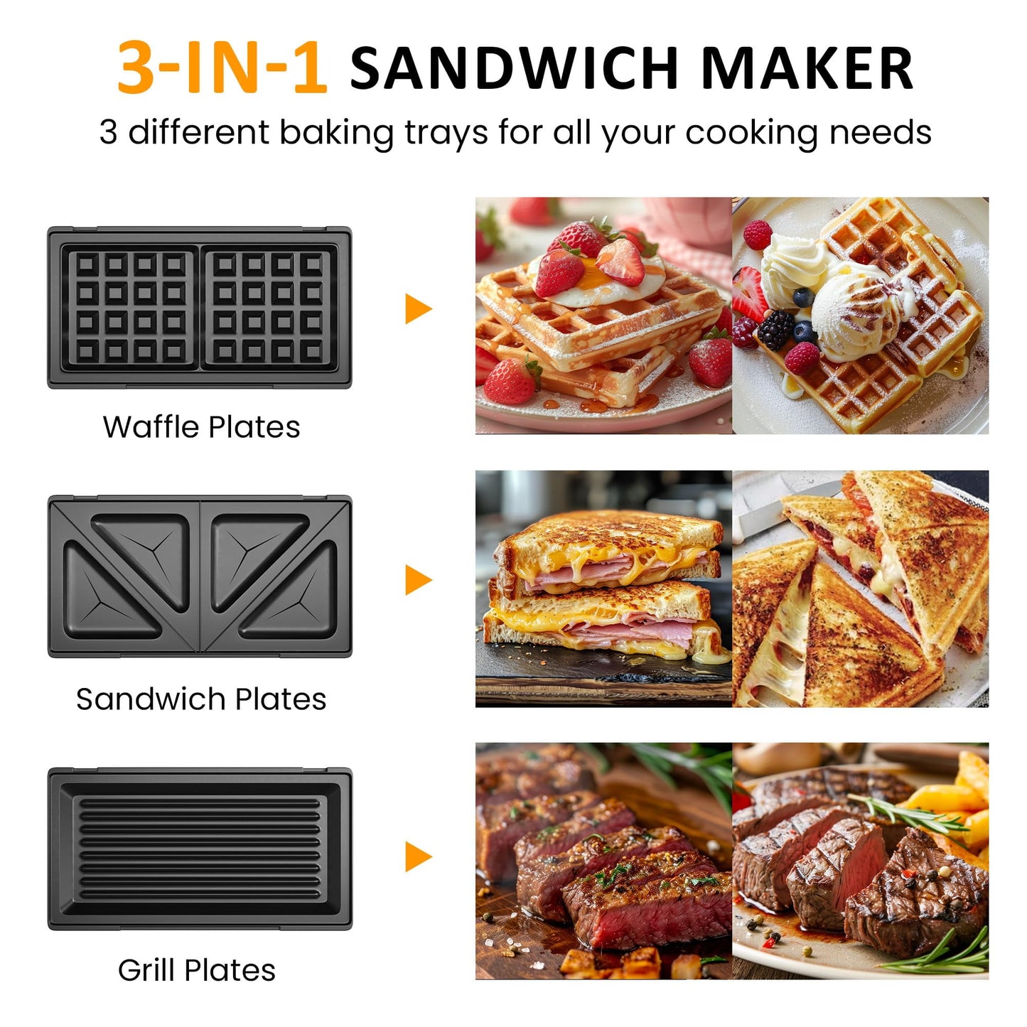 Heynemo 3 in 1 Electric Sandwich Maker with Removable Non-Stick Plates, Indicator Lights & Cool Touch Handle, 750W, Black