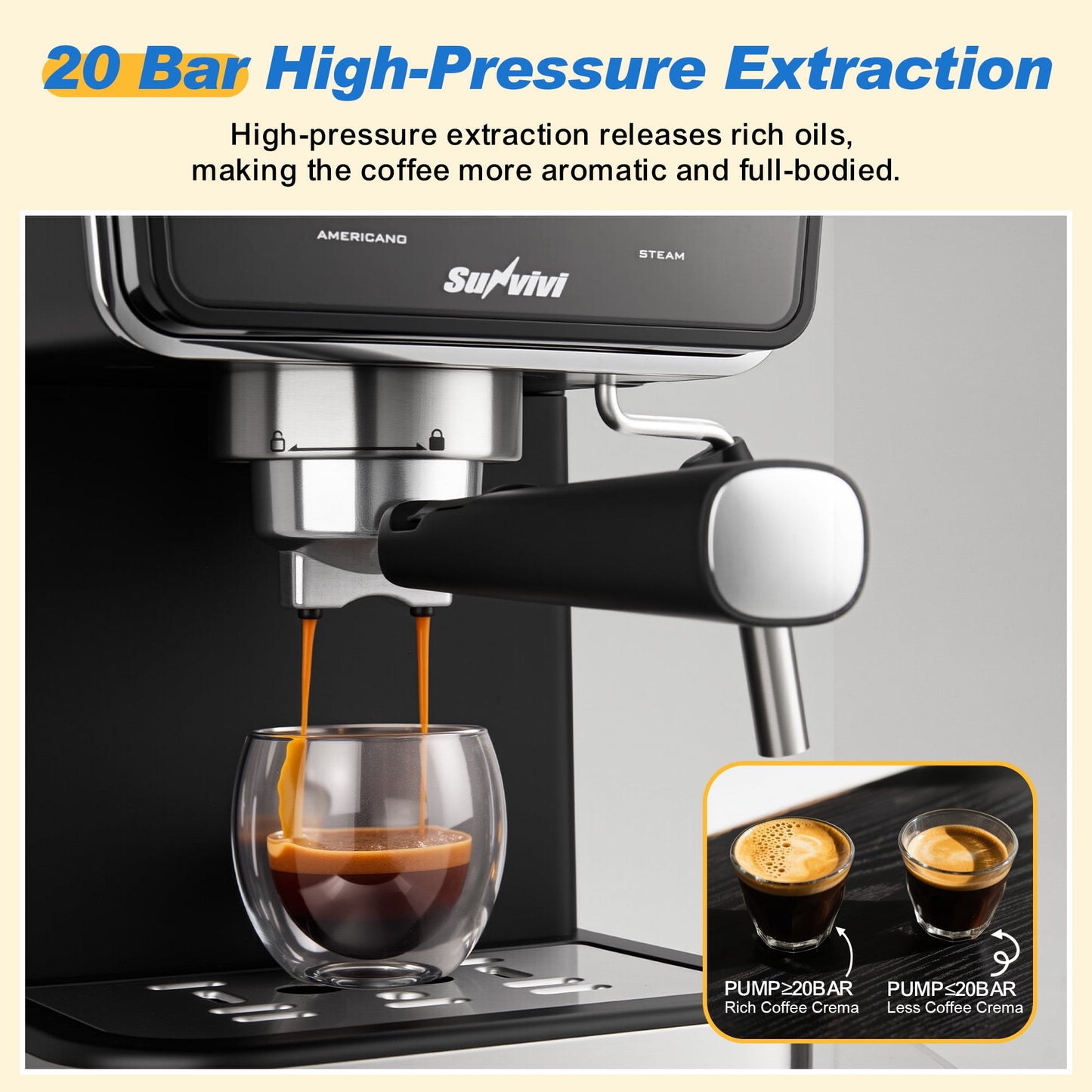 Heynemo 20 Bar Espresso Machine, 3-in-1 Hot & Iced Coffee Maker with Milk Frother, LED Touch Control, Removable 52oz Water Tank