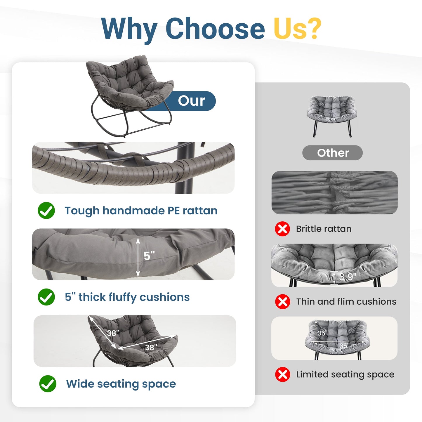 Heynem Patio Rocking Papasan Chair with Ottoman for Outdoor and Indoor, Outdoor Wicker Rocking Egg Chair with Cushion for Porch，Garden，Living Room