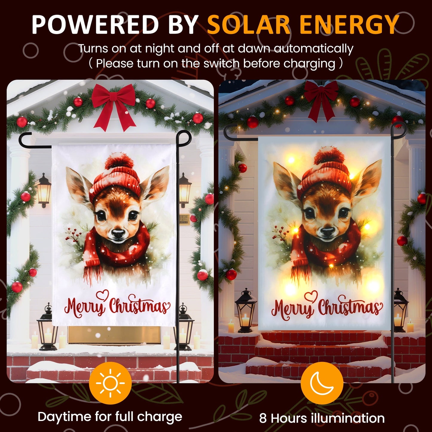 Heynemo Christmas Solar Garden Flag with Lights, Led 12"x18" Double-Sided Reindeer Yard Flag, Winter Decor for Lawn, Porch, Path