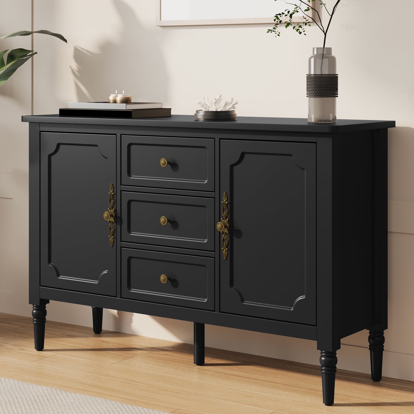 Heynemo Storage Cabinet with 2 Doors & 3 Drawers, Sideboard Cabinet with Adjustable Shelves, Ideal for Entryway, Living Room, Dining Room, Black