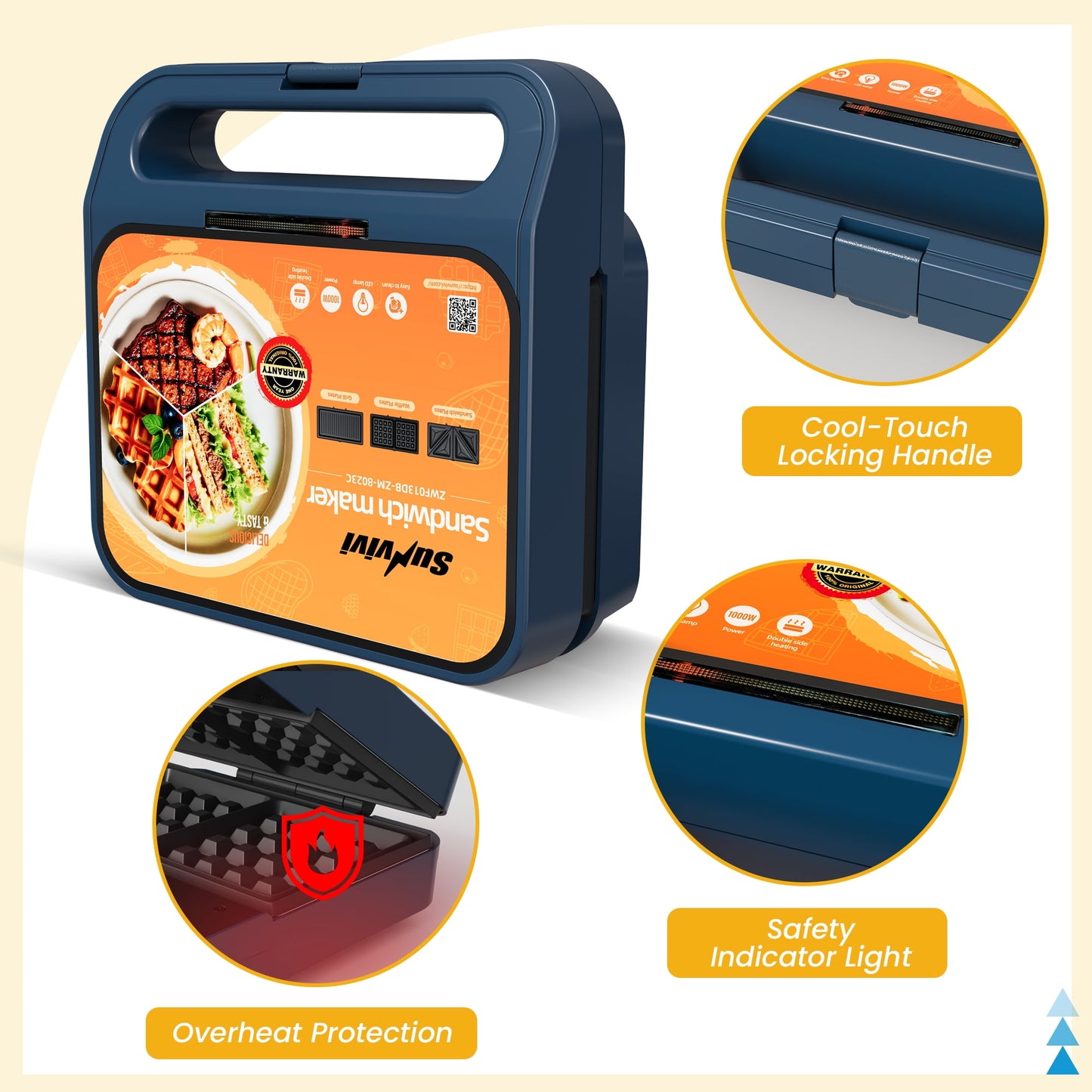 Heynemo 3-in-1 Electric Sandwich Maker Waffle Grill Panini Press 1000W Non-Stick Removable Plates Blue