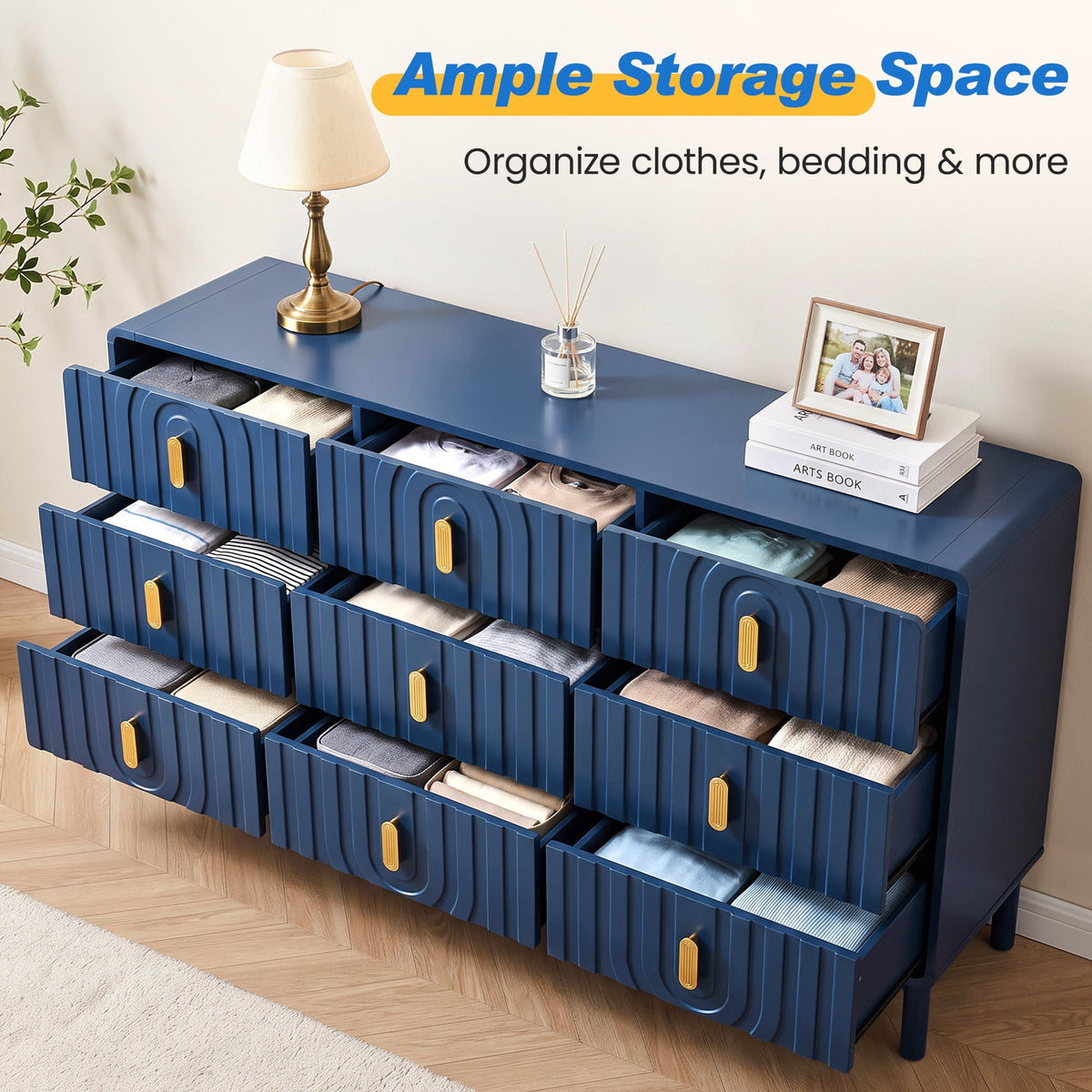 Heynemo Fluted Chest of 9 Drawers, Blue Modern 9 Drawer Dresser with Gold Metal Handles, Wide Storage Dresser Cabinet for Bedroom Living Room