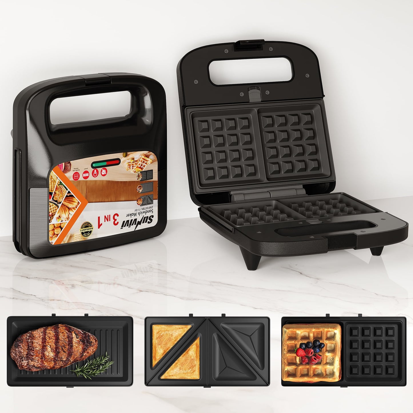 Heynemo 3 in 1 Electric Waffle, Grill & Sandwich Maker