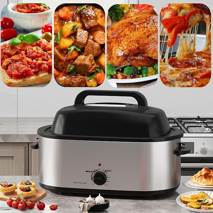 Superjoe 28 QT Roaster Oven Electric with Self-Basting Lid, Removable Pan, Variable Temp - Silver