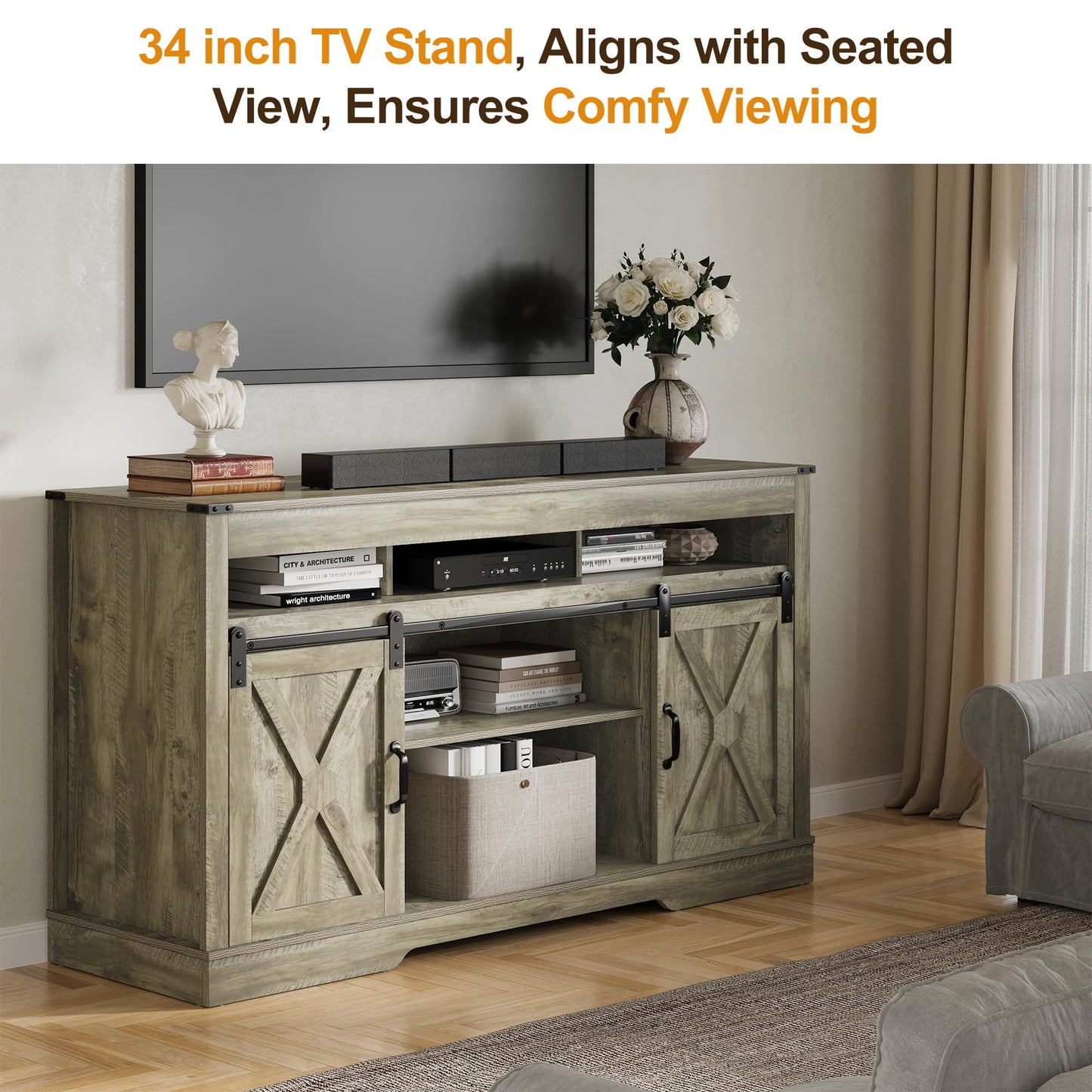 Heynemo Farmhouse TV Stand for 65+ Inch TV, Tall Entertainment Center with Storage Cabinets and Sliding Barn Doors, Mid Century Modern Media TV Console Table for Living Room (Light Rustic Oak)