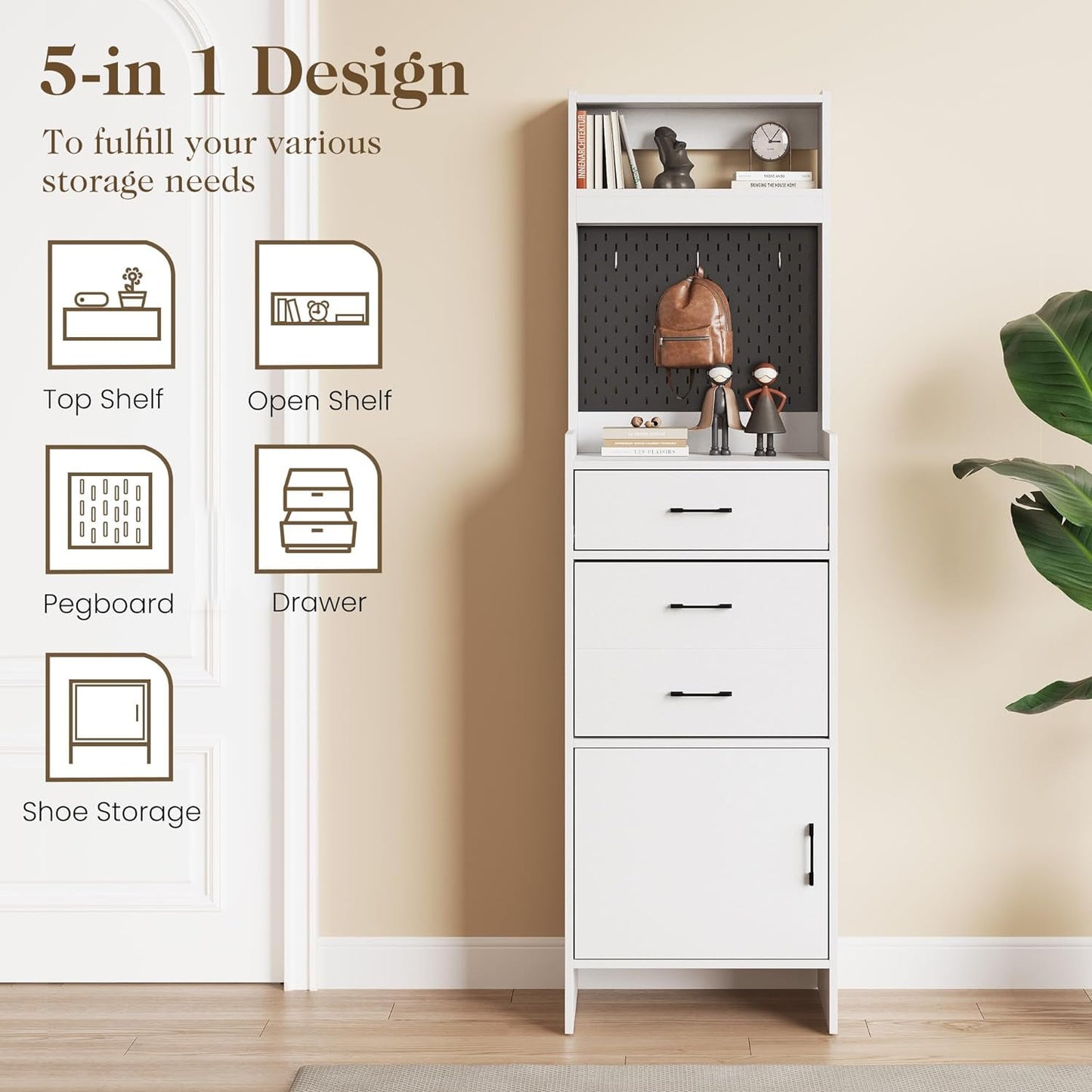 Royalcraft 5-in-1 Shoe Cabinet with Flip Drawer, Entryway Shoe Storage with Pegboard, Adjustable Shelf, Wood Entryway Cabinet, White