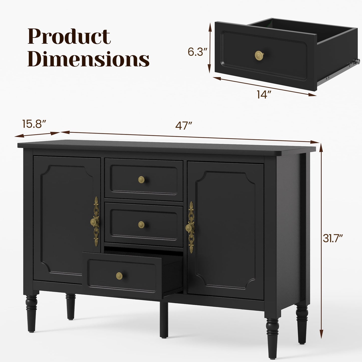 Heynemo Storage Cabinet with 2 Doors & 3 Drawers, Sideboard Cabinet with Adjustable Shelves, Ideal for Entryway, Living Room, Dining Room, Black