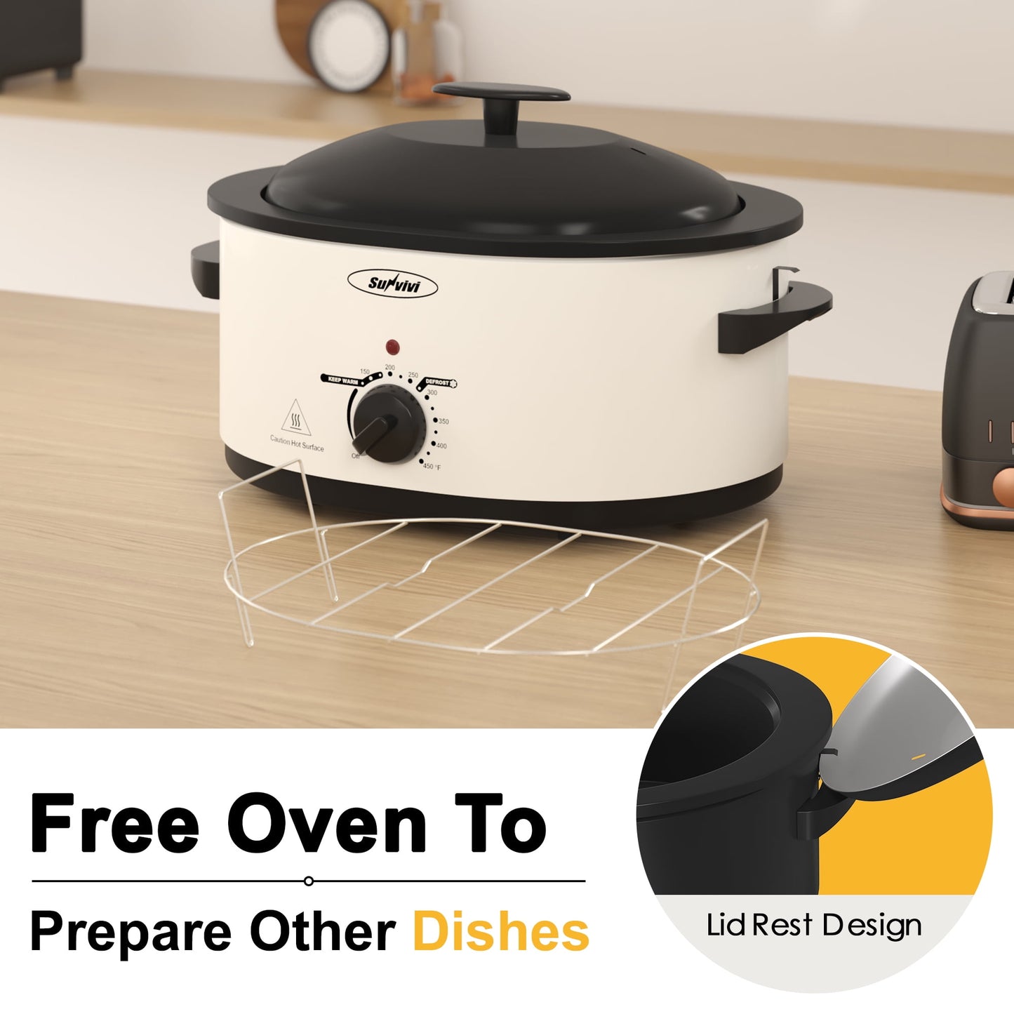 Sunvivi Roaster Oven with Self-Basting Lid, 8qt Electric Roaster with Removable Pan & Rack, Turkey Roaster Oven with Defrost & Warm Function, Stainless Steel, White