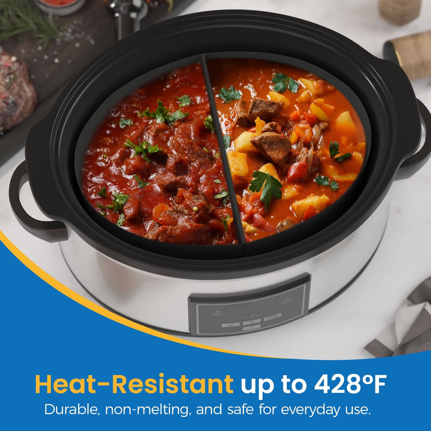 Sunvivi 2-in-1 Silicone Slow Cooker Liners, Reusable Divider Insert for 6QT Crock Pot, Bpa Free, Dishwasher Safe, Grey