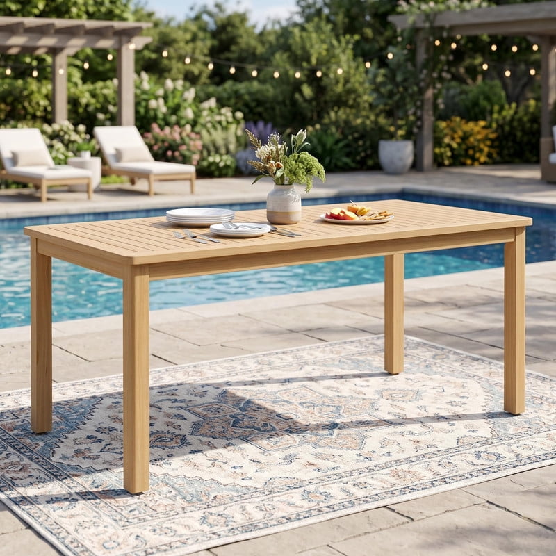 68"¡Á32" Acacia Outdoor Dining Table with Umbrella Hole, Rectangle Patio Table, Solid Acacia Wood Outside Table for Backyard Deck Garden, Light Teak,Heynemo