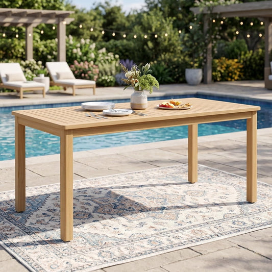 68"¡Á32" Acacia Outdoor Dining Table with Umbrella Hole, Rectangle Patio Table, Solid Acacia Wood Outside Table for Backyard Deck Garden, Light Teak,Heynemo