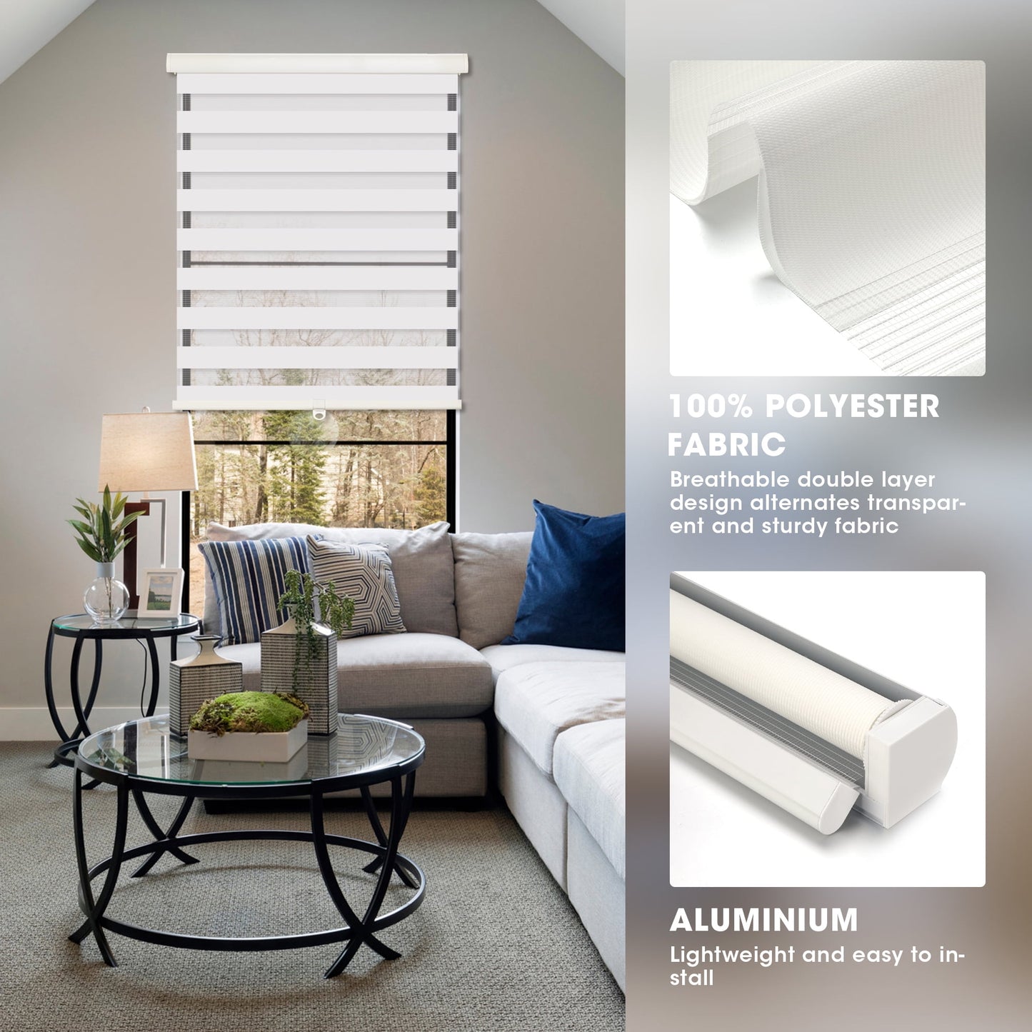 Superjoe 73W X 72"H Dual Layer Zebra Roller Shades Cordless Blinds for Windows, Sheer or Privacy, White