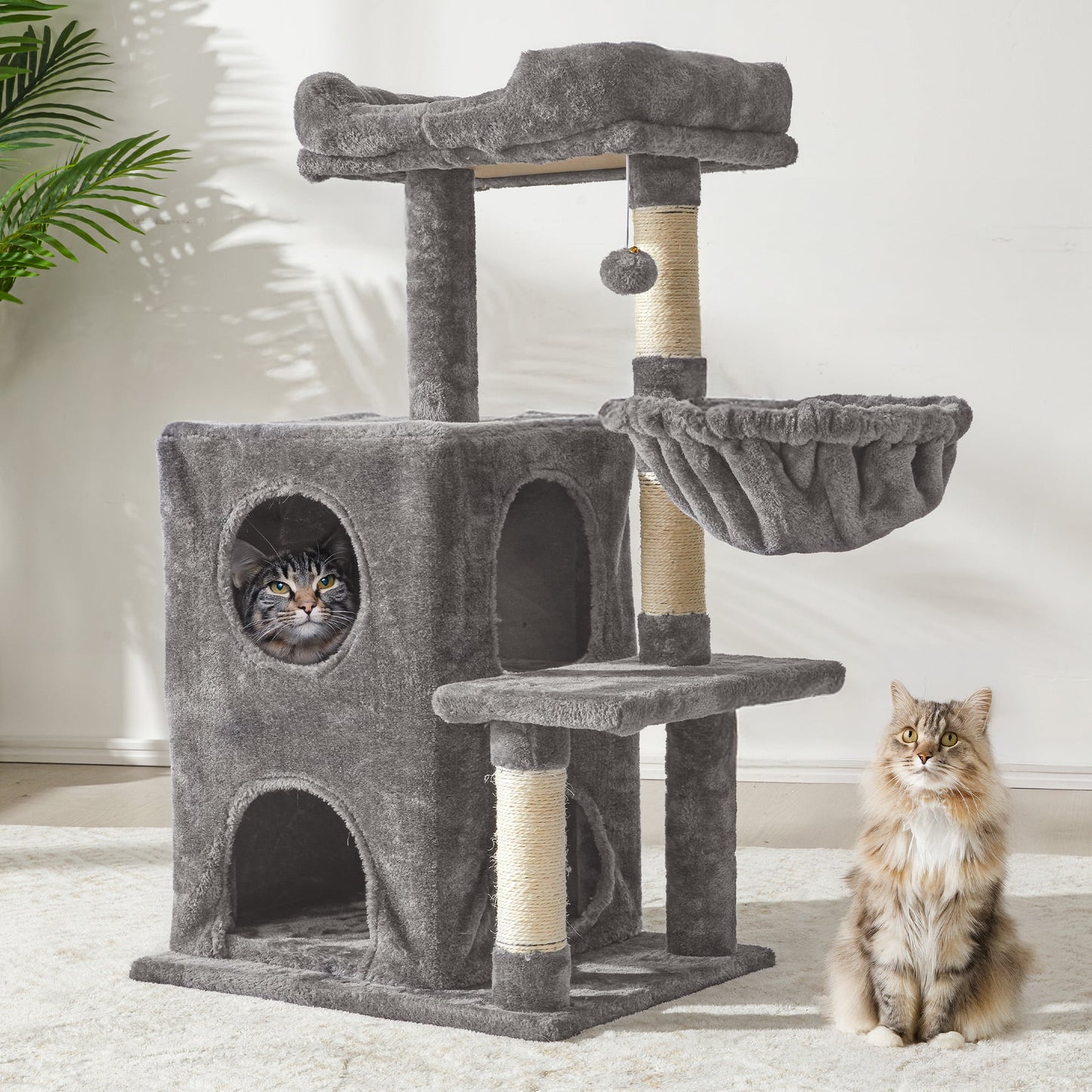 Heynemo Multi-Level Cat Tree Tower for Large Cats with Scratching Posts, Condos, Perch, Hammocks & Toys ÿ Modern Indoor Cat Jungle Gym for 2ÿ3 Cats, 19.7" x 15.7" x 35.8", Grey