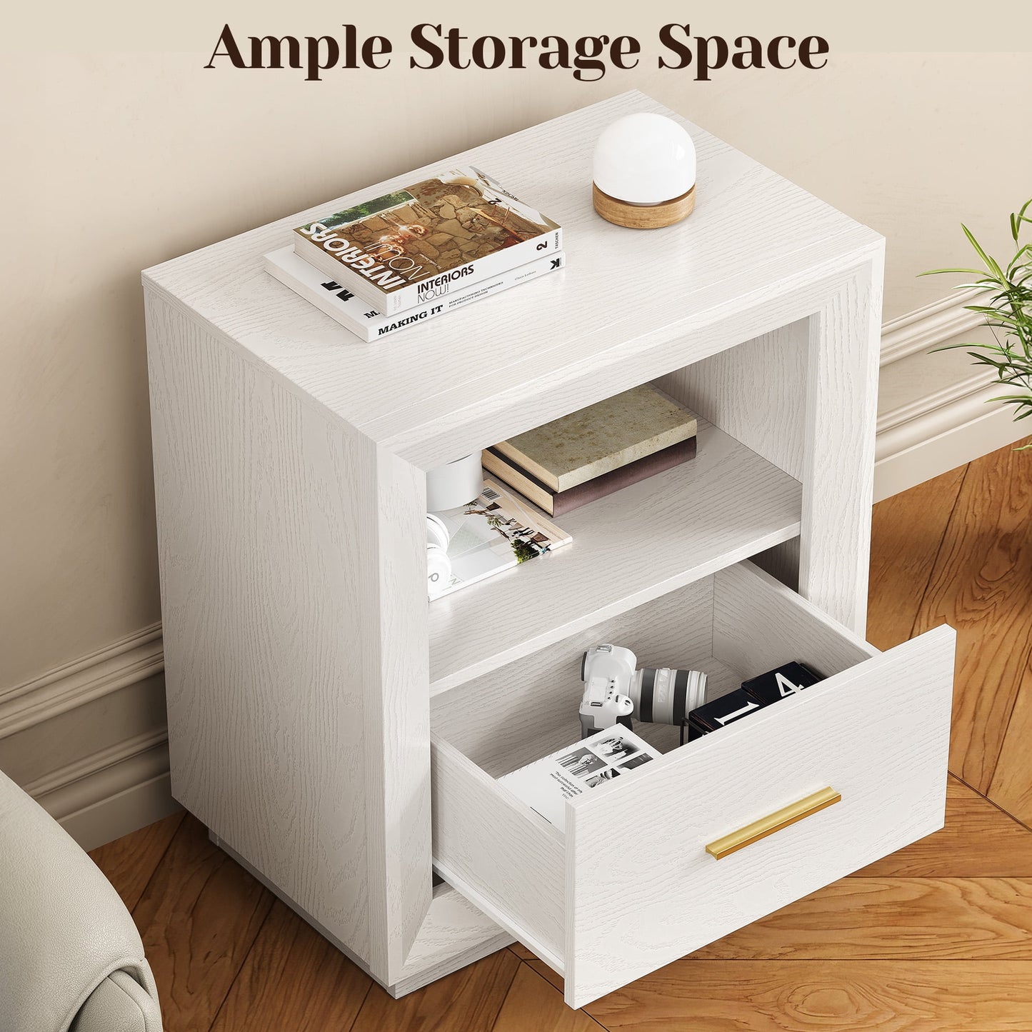Heynemo Smart Nightstand Duo: Charging Bedside Tables with Big Storage Drawer, Dual USB-C Hub, Multi-Functional Cabinet for Bedroom, Set of 2, White