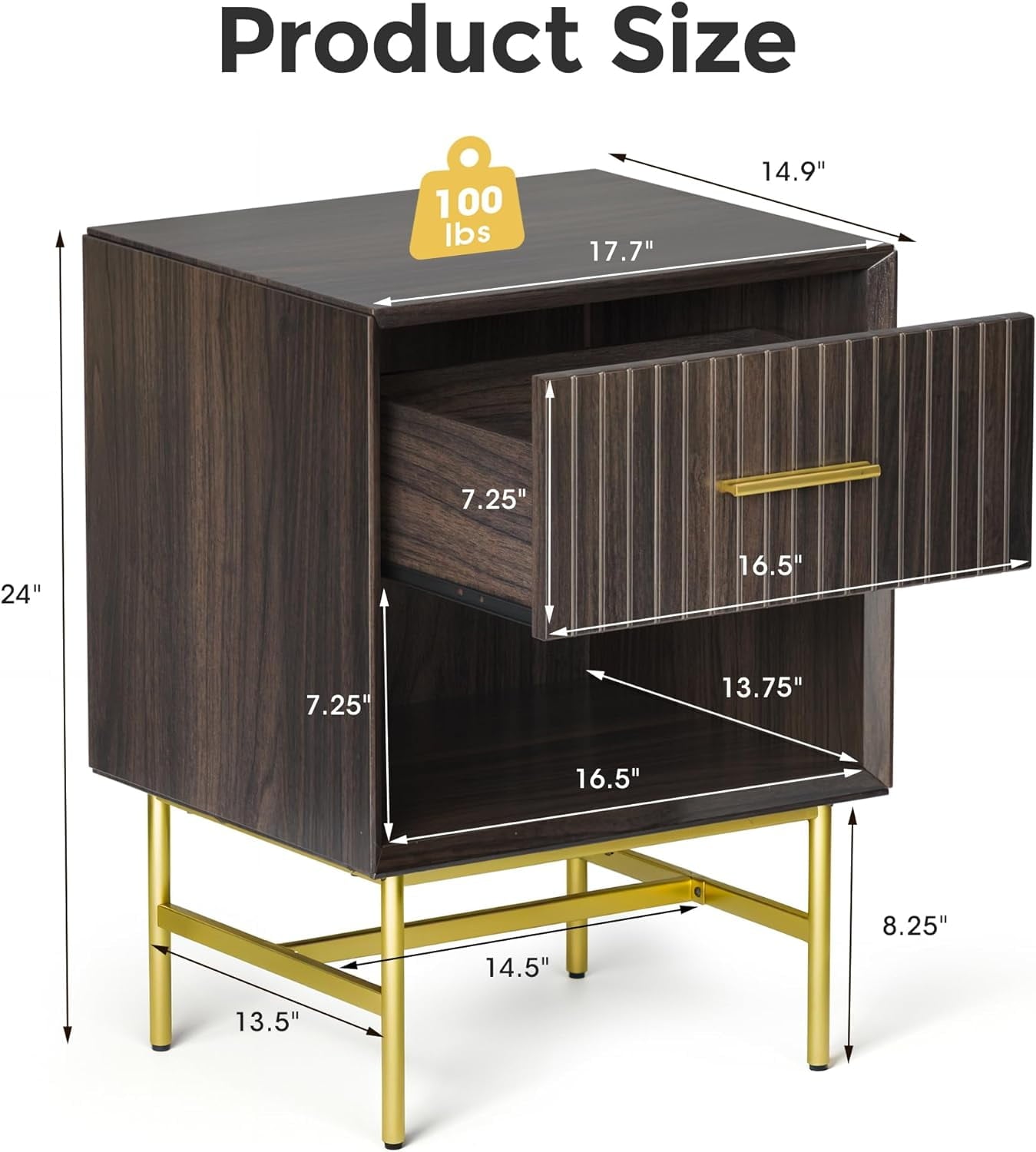 RoyalCraft Nightstand with Drawer, 2-Tier Side Table, Wood End Table with Adjustable Feet and Stable Metal Leg, Modern Night Stand Cabinet for Bedroom, Living Room, Home Office, Charcoal Walnut