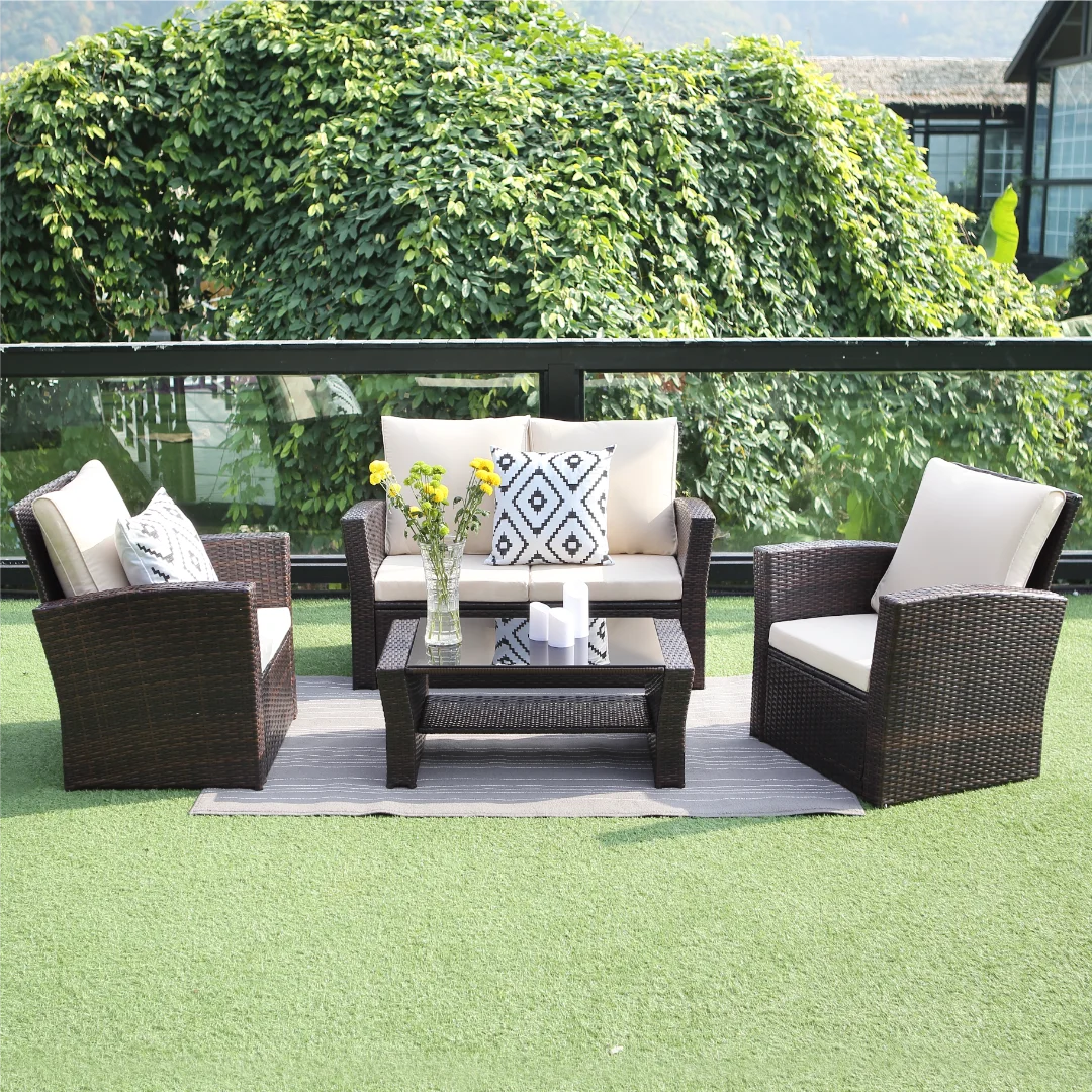 All-Weather Outdoor Patio Furniture Set - 4-Piece Wicker Rattan Sectional Conversation Set with Table and Cushions, Gray