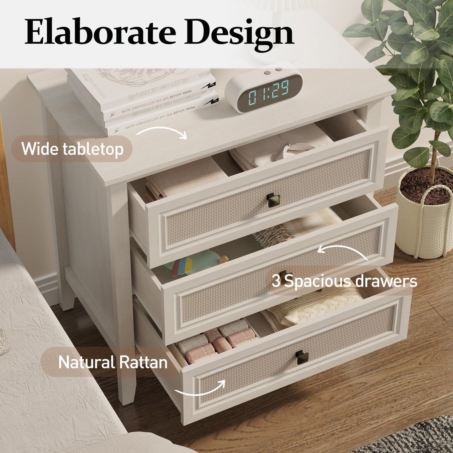 RoyalCraft White Dresser for Bedroom, Boho Tall Dresser with 3 Rattan Decorated Drawers, Modern Wood Chest of Drawers for Closet, Living Room, Hallway, Entryway
