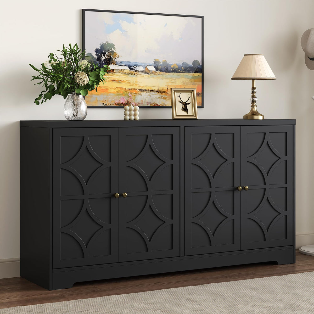 May in Color 56" Modern Buffet Cabinet, Wood Sideboard with 4 Doors and Adjustable Shelves, for Entryway, Living Room, Matte Black