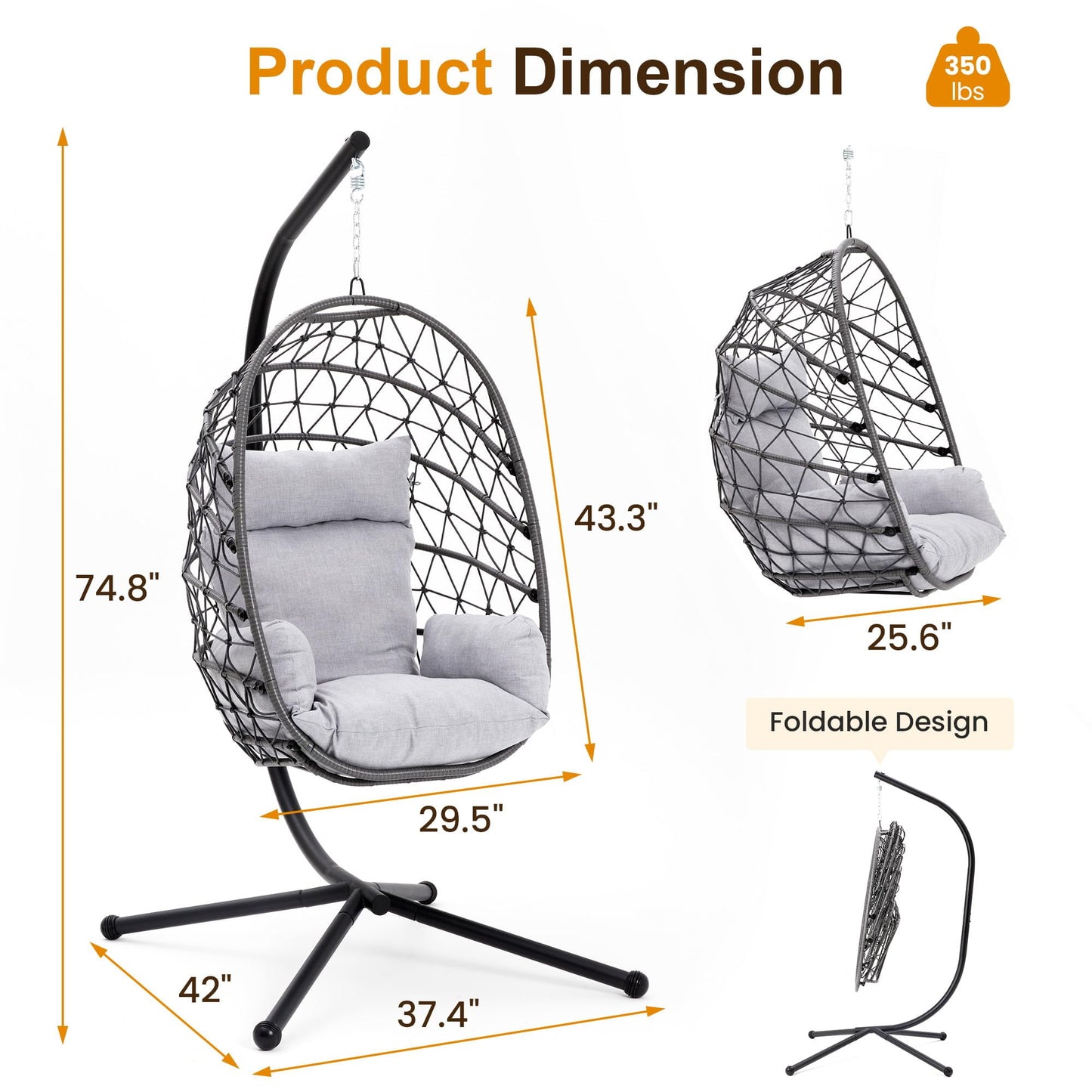 Heynemo Hanging Egg Chair with Stand Boho Style - 350lb Capacity - Black & Gray