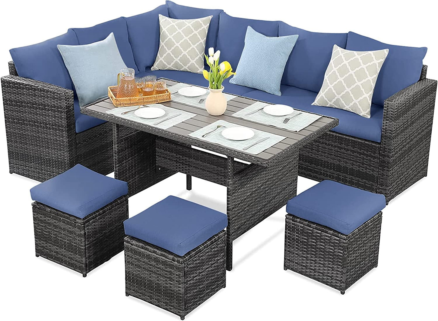 Superjoe 7 Pcs Outdoor Patio Furniture Set Dining Sectional Sofa with Table and Chair All Weather Wicker Conversation Set with Ottoman, Blue