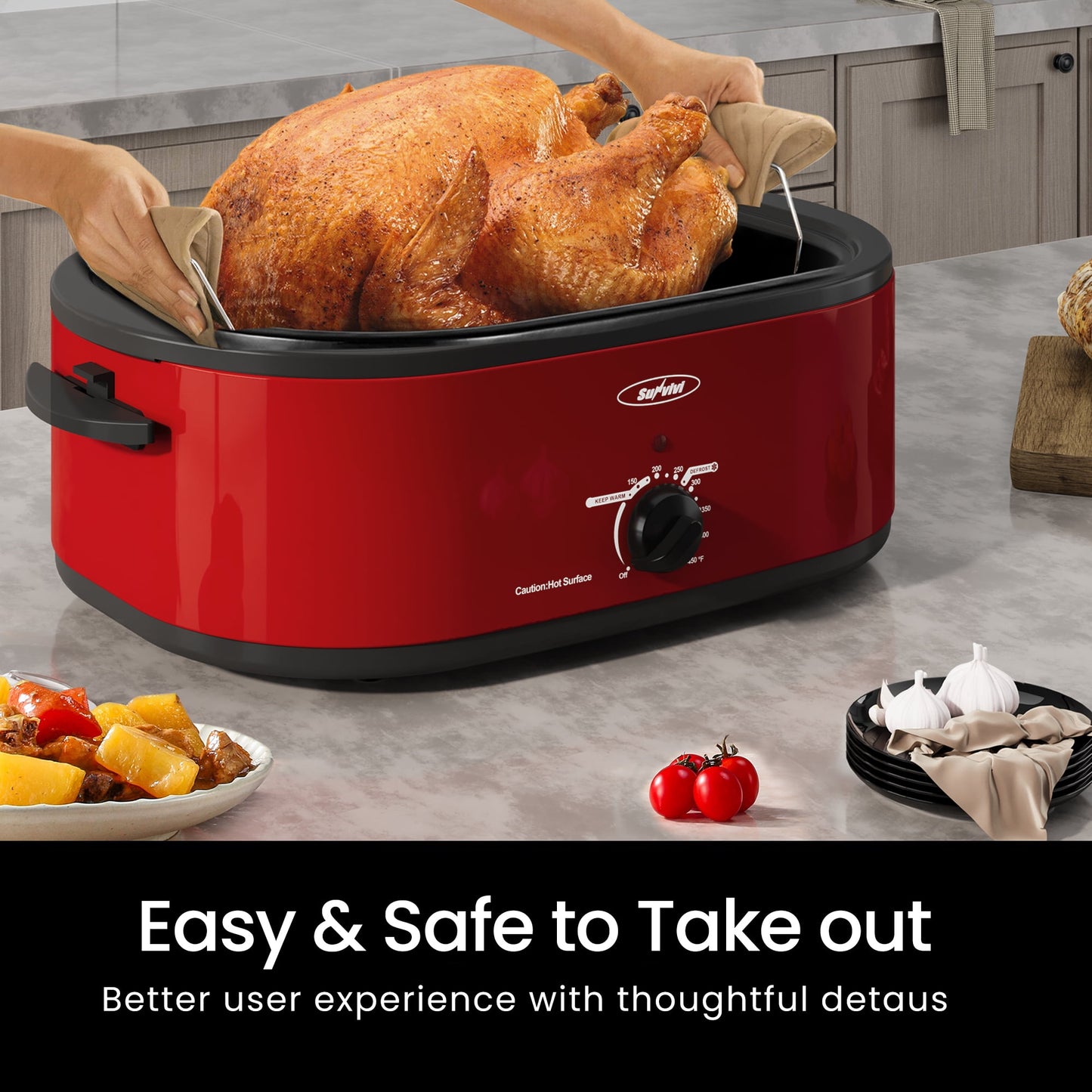Sunvivi Roaster Oven with Self-Basting Lid, 20qt Electric Roaster with Removable Pan & Rack, Turkey Roaster Oven with Defrost & Warm Function, Stainless Steel, Red