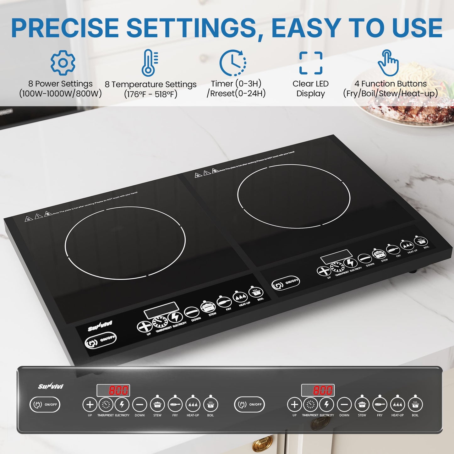 Heynemo Portable Dual Induction Cooktop, 1000W+800W Electric Double Burner Induction Cooker Hot Plate 8 Power 8 Temperature Settings, Countertop Burner with Timer, Black