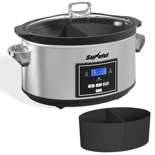 Heynemo 6 Qt Programmable Slow Cooker with 2-in-1 Silicone Liners and Digital Timer - Silver