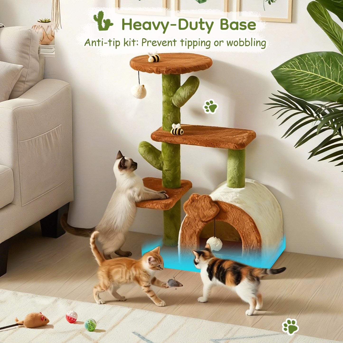 Cactus Cat Tree for Indoor Cats with Cozy Condo Wide Top Perch Multi-Level Jumping and Lounging Space 27.5inch Plush, Brown