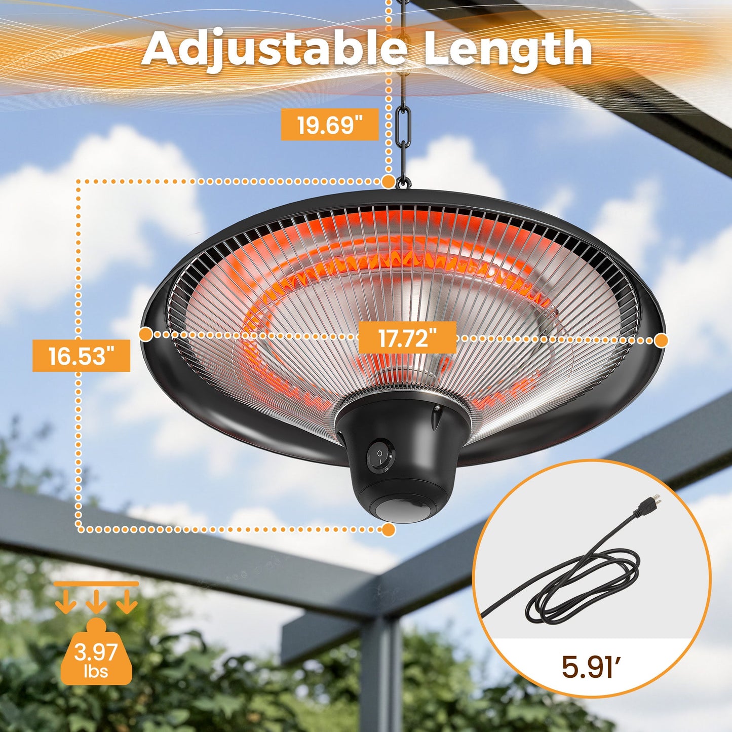 Outdoor Patio Heater, 1500W Outdoor Hanging Heater, Electric Infrared Hanging Heater with 3 Adjustable Modes, Waterproof Ceiling Heater for Porch, Garage, Balcony, Black