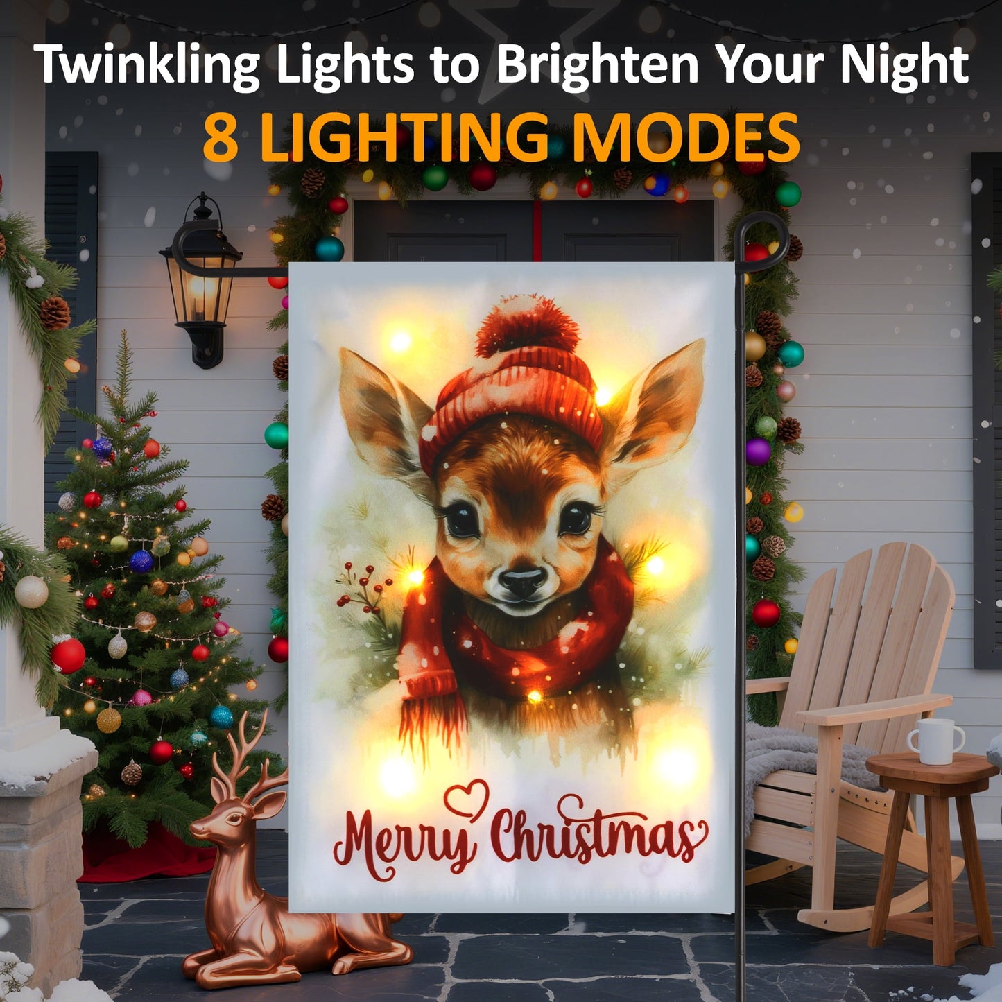 Heynemo Christmas Solar Garden Flag with Lights, Led 12"x18" Double-Sided Reindeer Yard Flag, Winter Decor for Lawn, Porch, Path