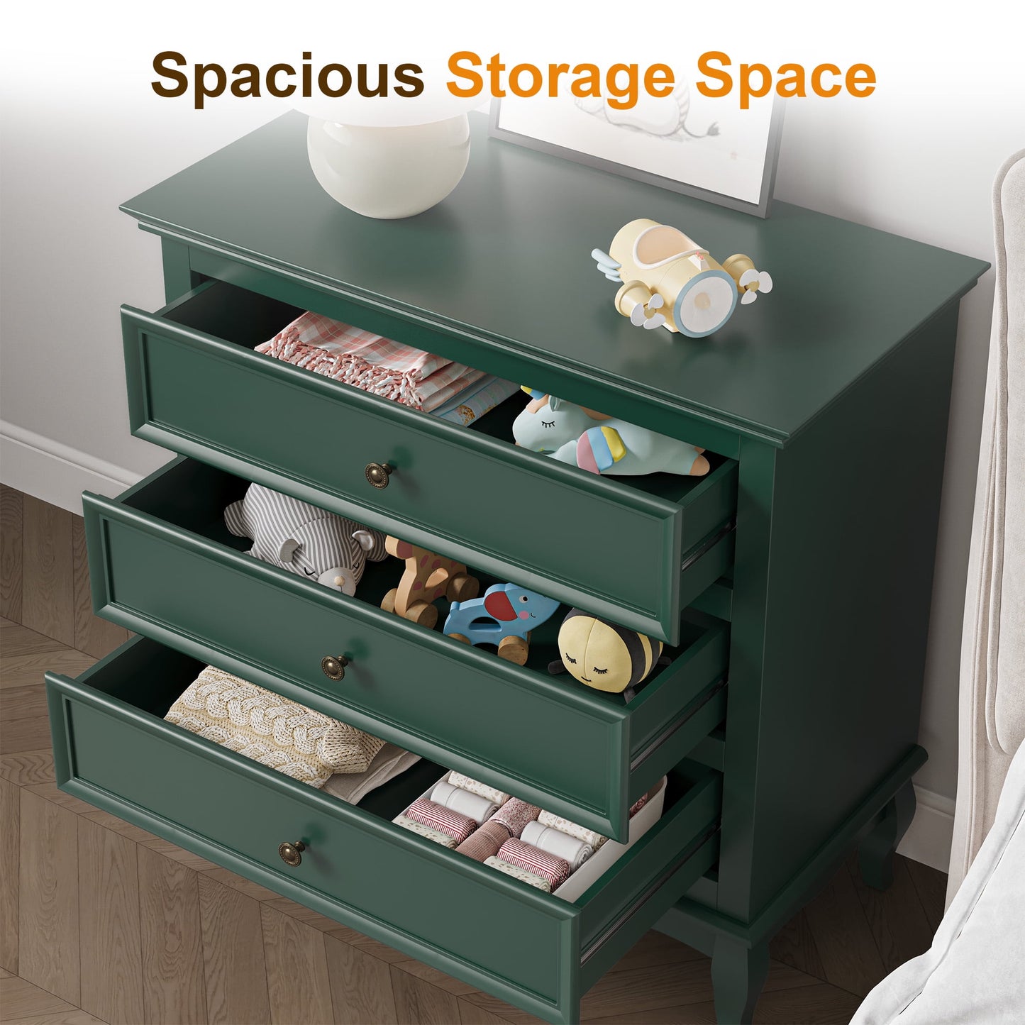 Green 3 Drawer Dresser, Modern Wood Chest, Silent Slide Organizer for Bedroom, Living Room