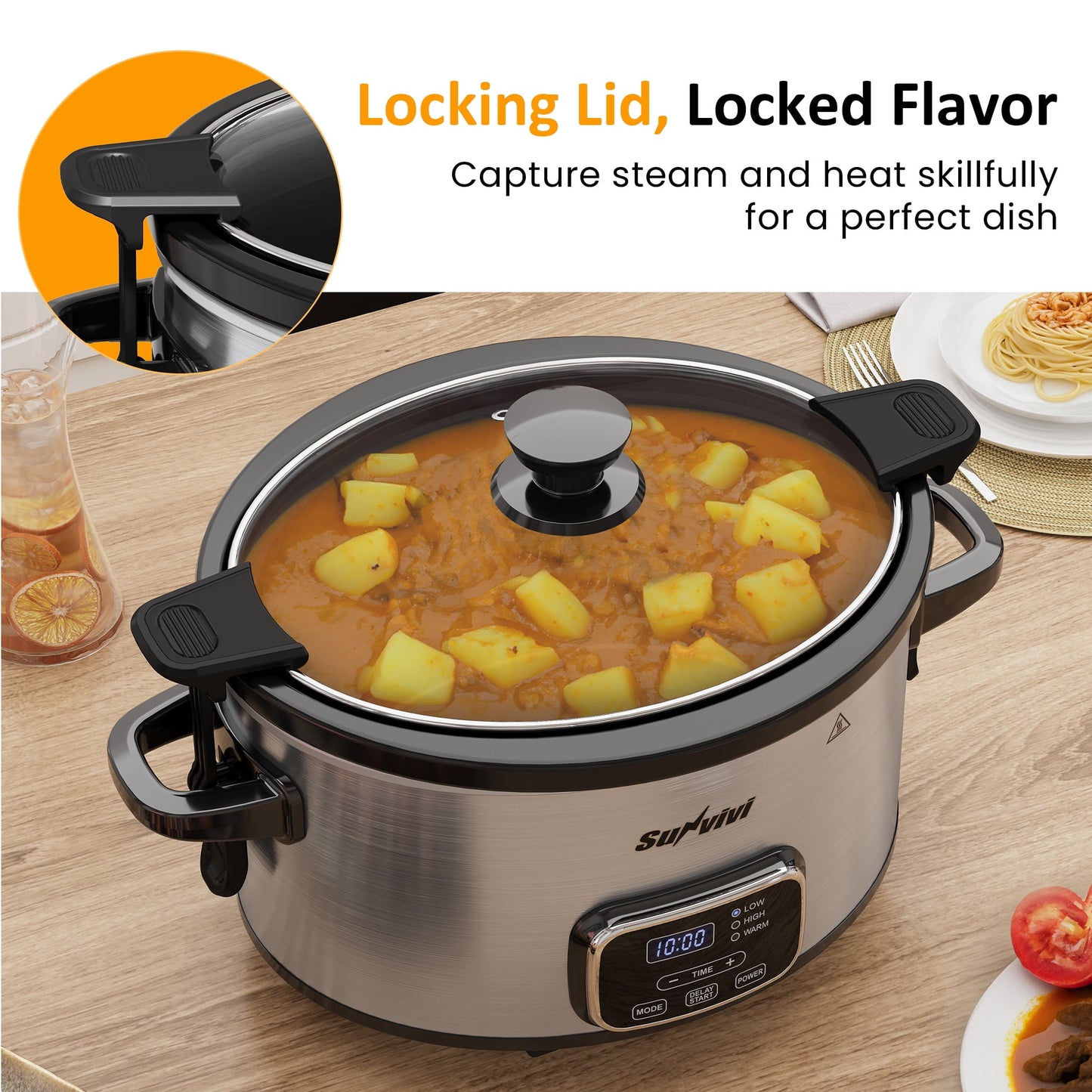 Heynemo 4QT Programmable Slow Cooker with Locking Lid, Removable Ceramic Pot, 3 Heating Settings & Timer, Dishwasher-Safe, Stainless Steel