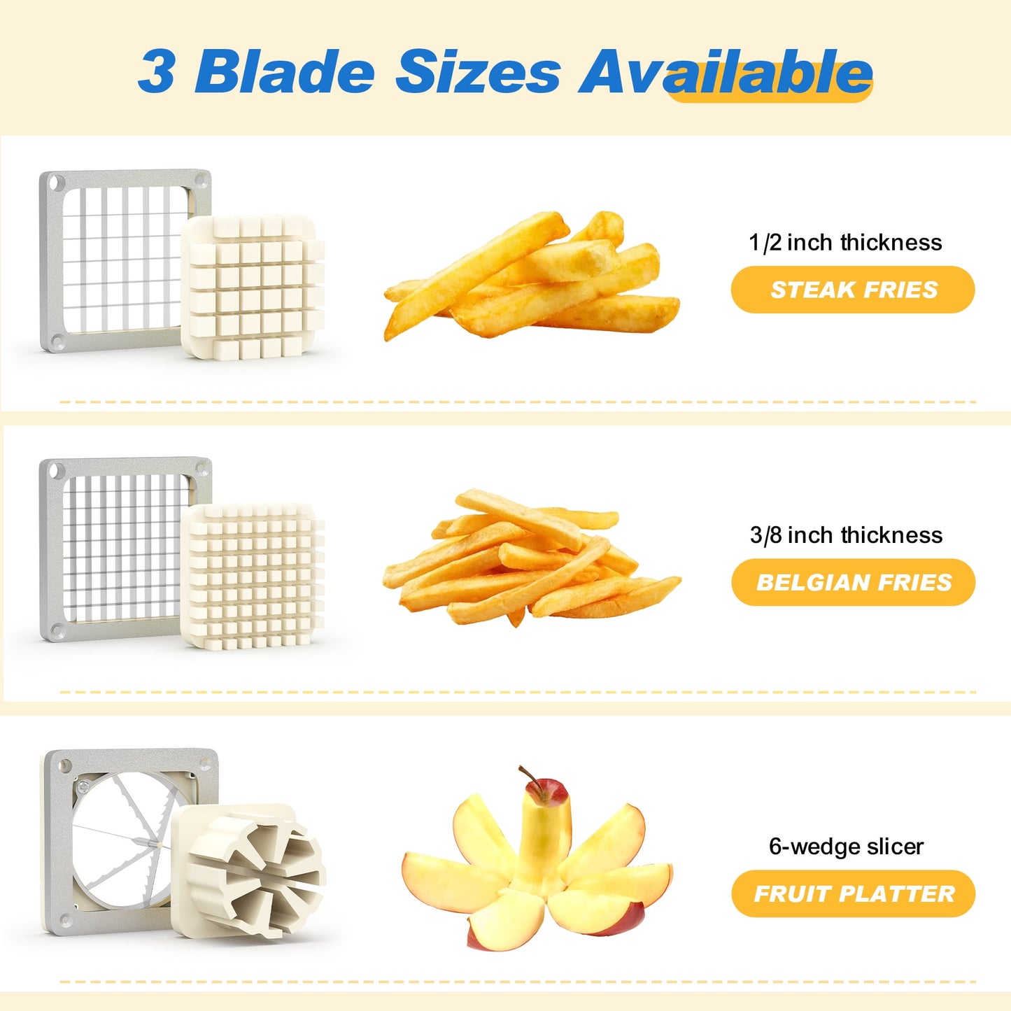 Sunvivi Commercial French Fry Cutter, Heavy Duty Potato & Vegetable Slicer with 3 Blades (1/2", 3/8", 6-Wedge), Stainless Steel
