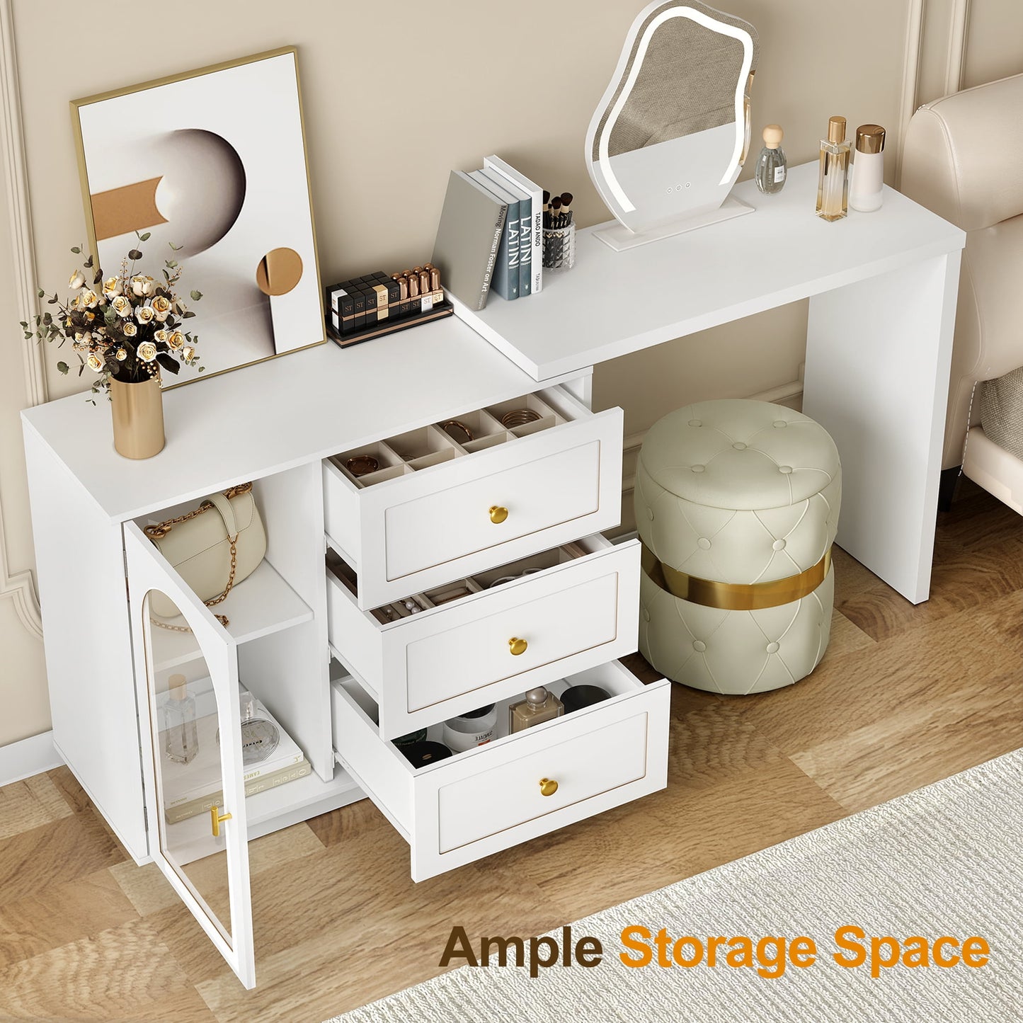 May in Color Extendable Makeup Vanity Desk with 3 Drawers & 1 Door