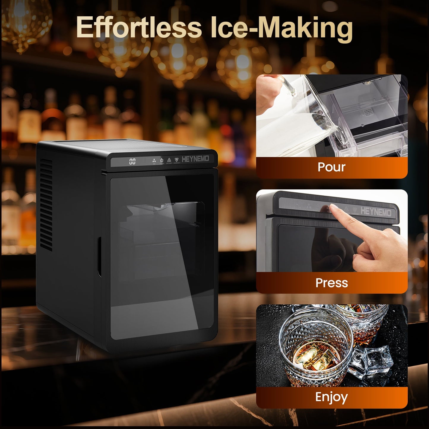 Sunvivi Clear Ice Maker for Home ÿ Compact Countertop Ice Machine with 1.6" Square Ice Cubes, Self-Cleaning, LED Light & Timer, Portable Electric Ice Maker for Kitchen, Bar, RV, Black