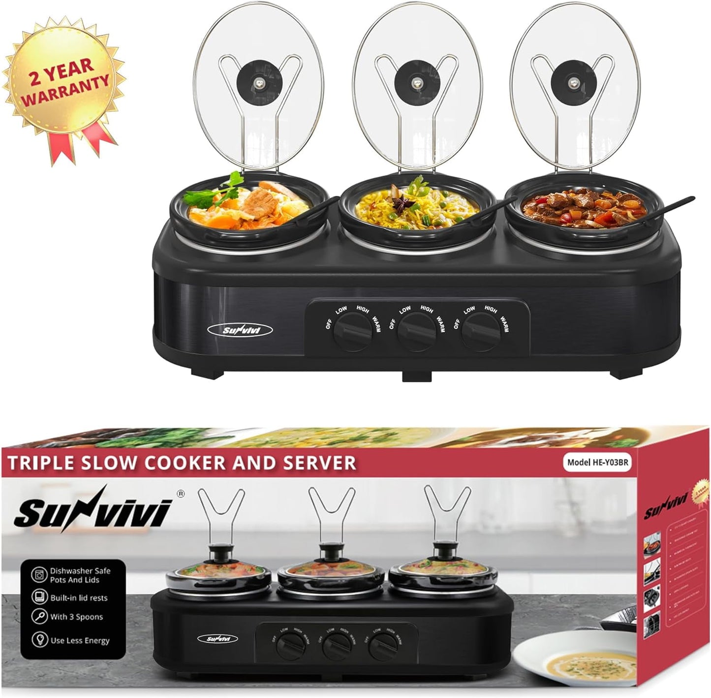 SUNVIVI 3 in 1 Sandwich Maker, Electric Waffle Maker with Glass Panel, Removable Plates, Black