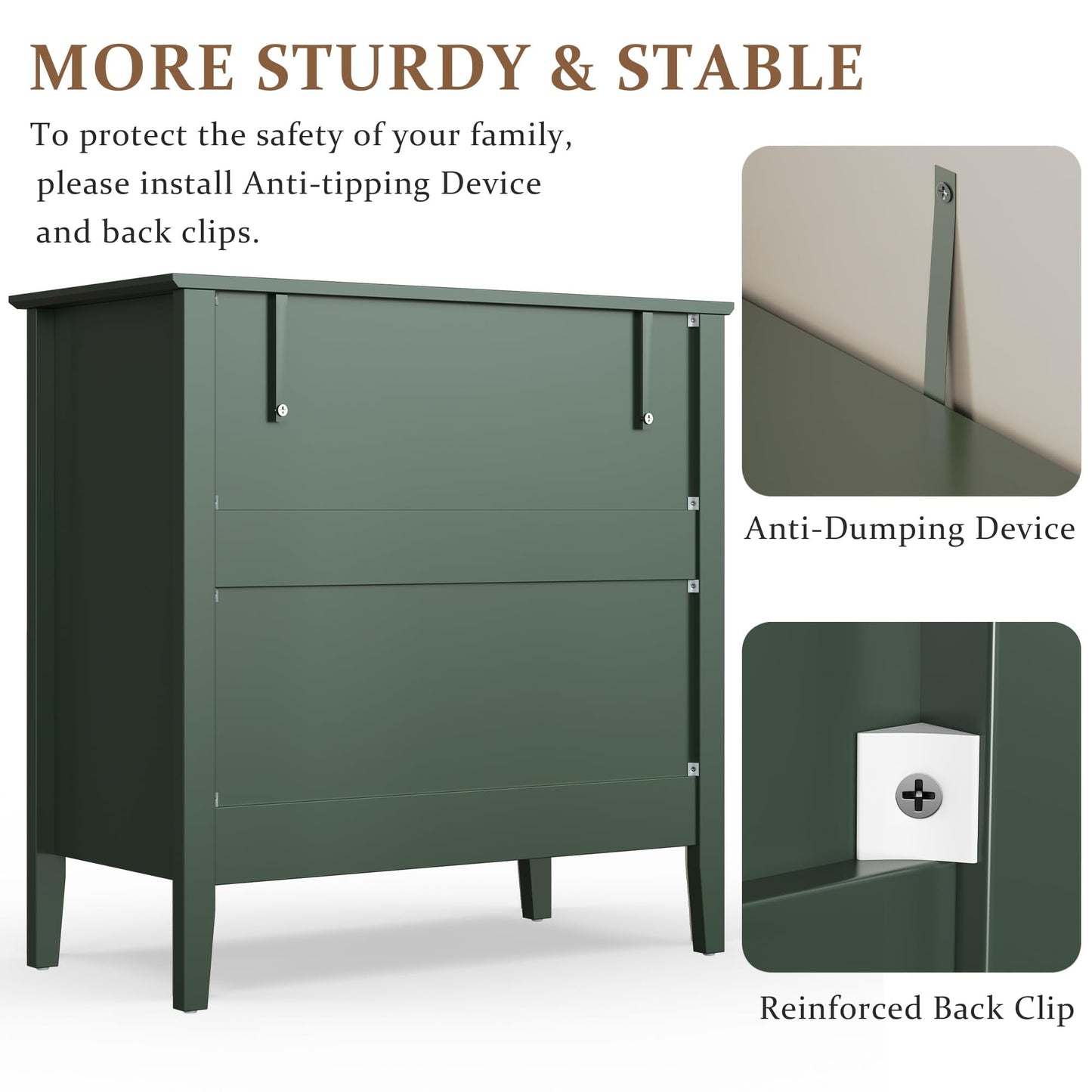 May in Color Large Fluted 3 Drawer Dresser, Wide Modern Nightstand Cabinet for Bedroom, Living Room, Entryway, Green