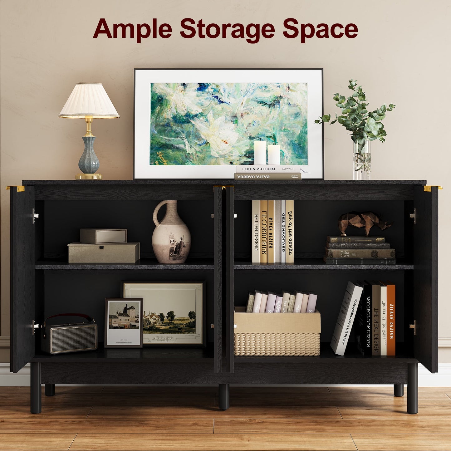 Heynemo Black 55'' Buffet Cabinet with Fluted Door and Adjustable Shelves