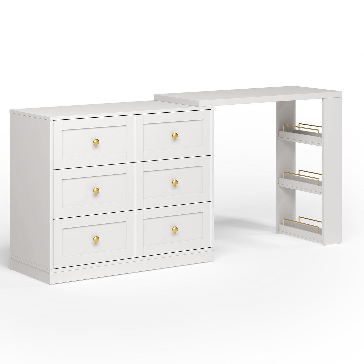 Heynemo Extendable Makeup Vanity Desk with 3 Side Shelves, L-Shaped Vanity Table and Dresser Combo with 6 Drawers, Modern Dressing Table for Bedroom, Dressing Room, White