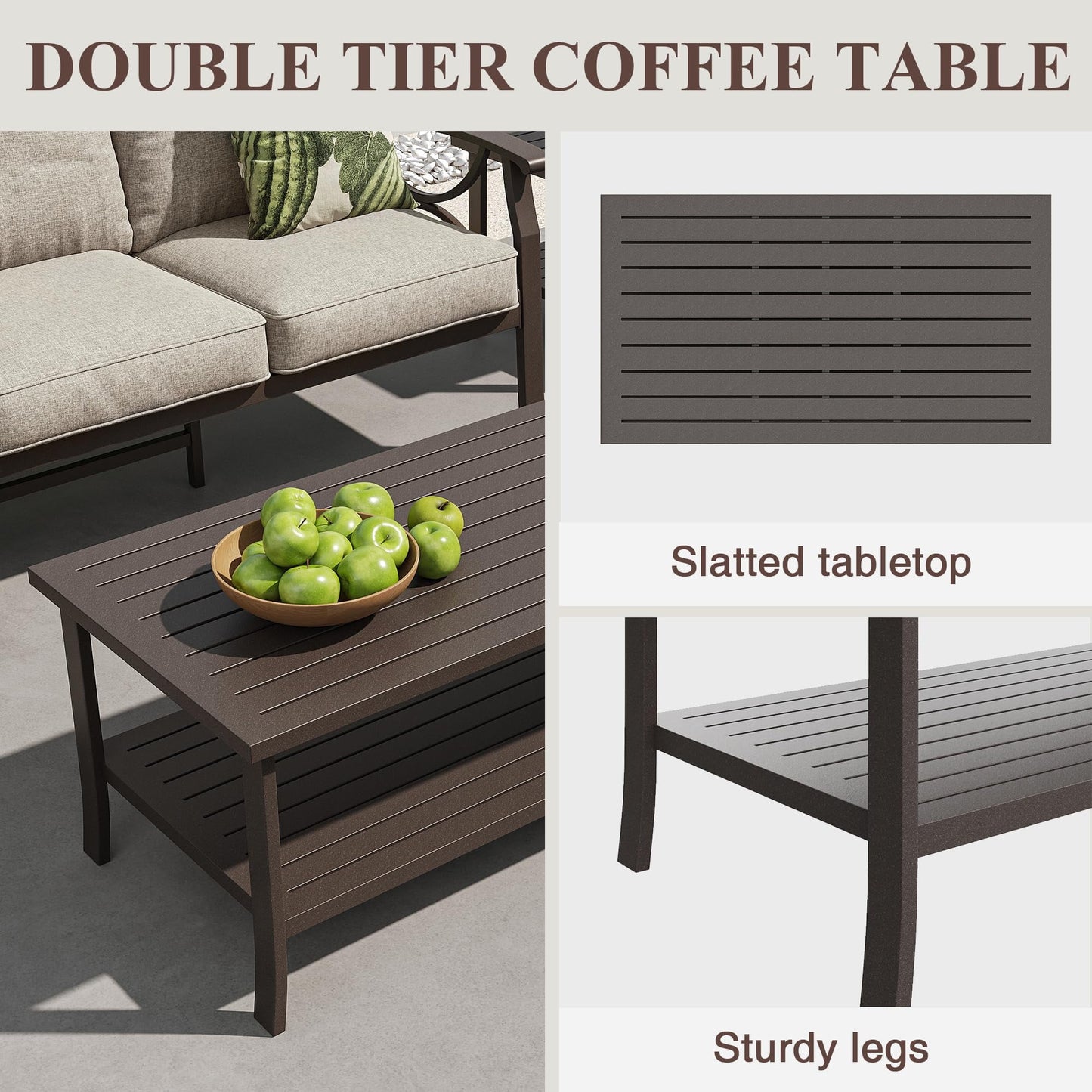Heynemo Outdoor Patio Furniture Set for 7, 5 Piece Metal Patio Conversation Set with Coffee Table for Porch Backyard Garden, Coffee