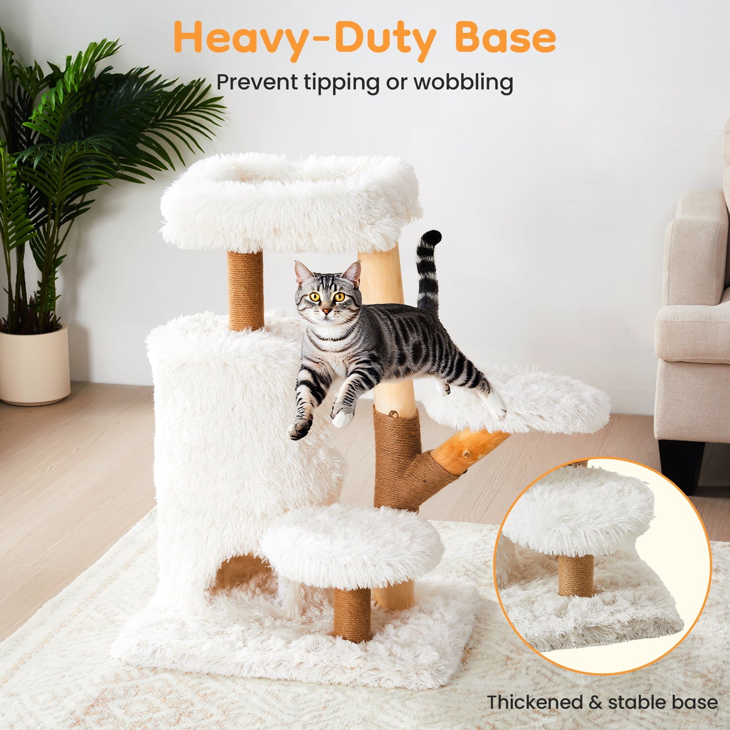 Heynemo 35-Inch Cozy Cat Tower with Scratch Posts, Two Cat Hideouts, Soft Pads, and Washable Cushion Cover,White