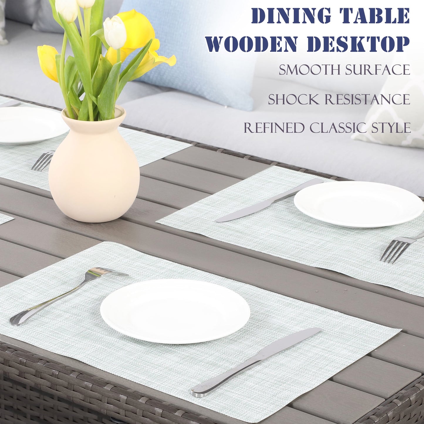 Heynemo 7 Pcs Outdoor Wicker Dining Set Patio Set with Table and Ottoman, Steel Frame, Gray